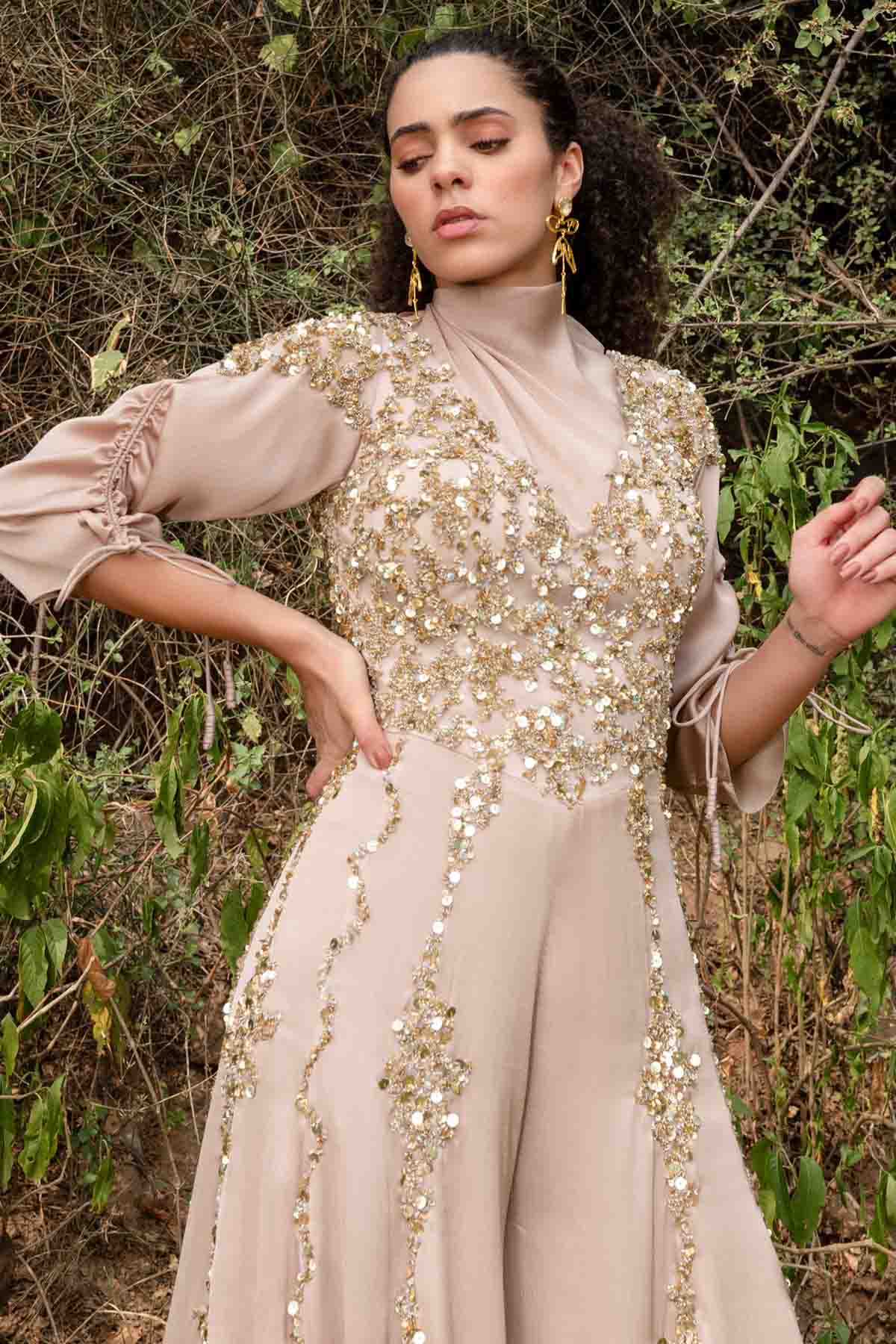 Beige Gold Embroidered Jumpsuit
