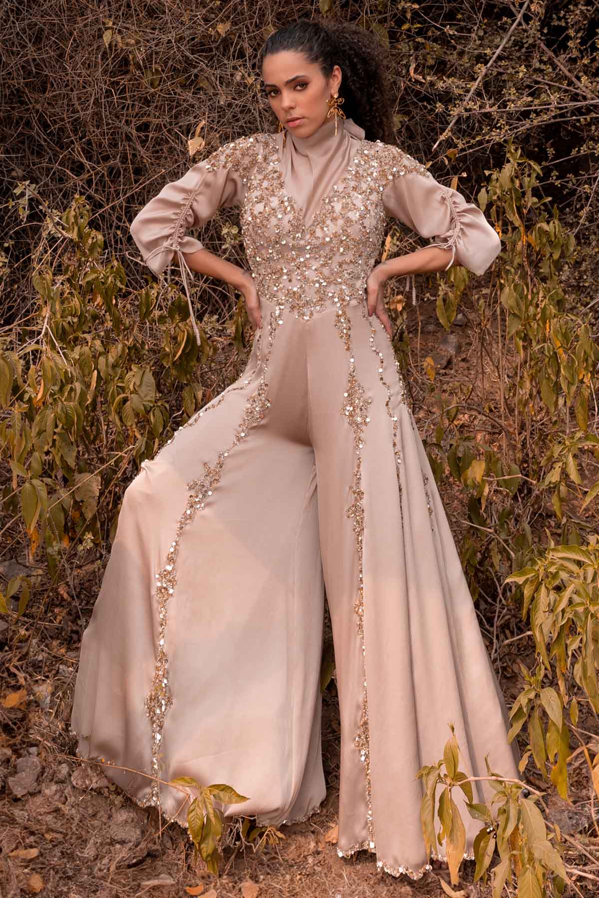 Buy Designer Beige Gold Embroidered Jumpsuit Online