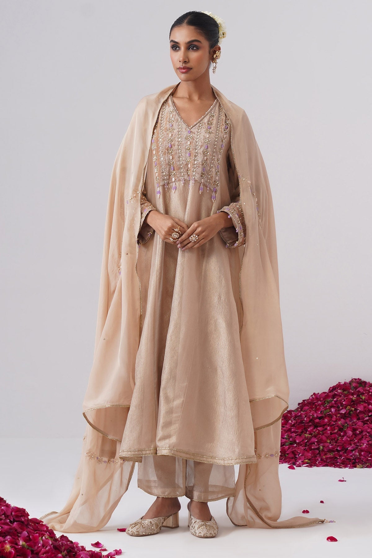 Buy Beige Gold Zardozi Anarkali Set for women by Ugna by Unnati online available at scrollnshops