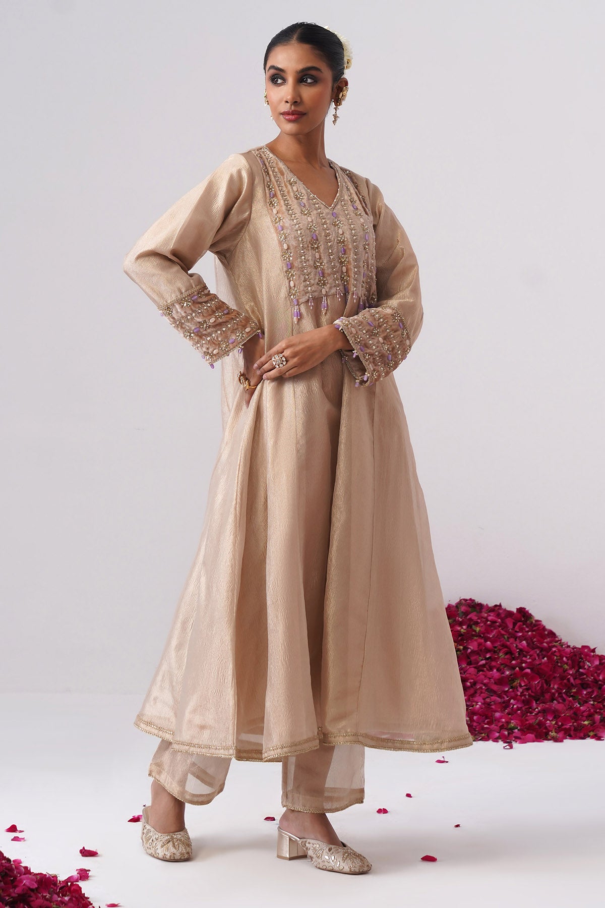 Beige Gold Zardozi Anarkali Set