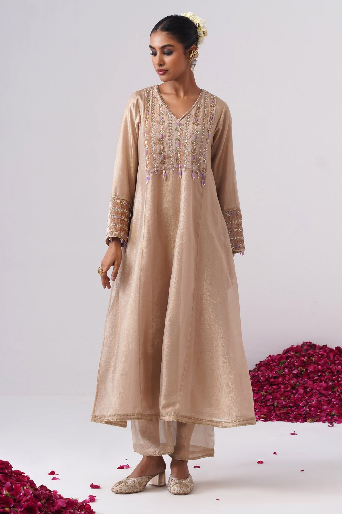 Buy Beige Gold Zardozi Kurta & Pant for women by Ugna by Unnati online available at scrollnshops