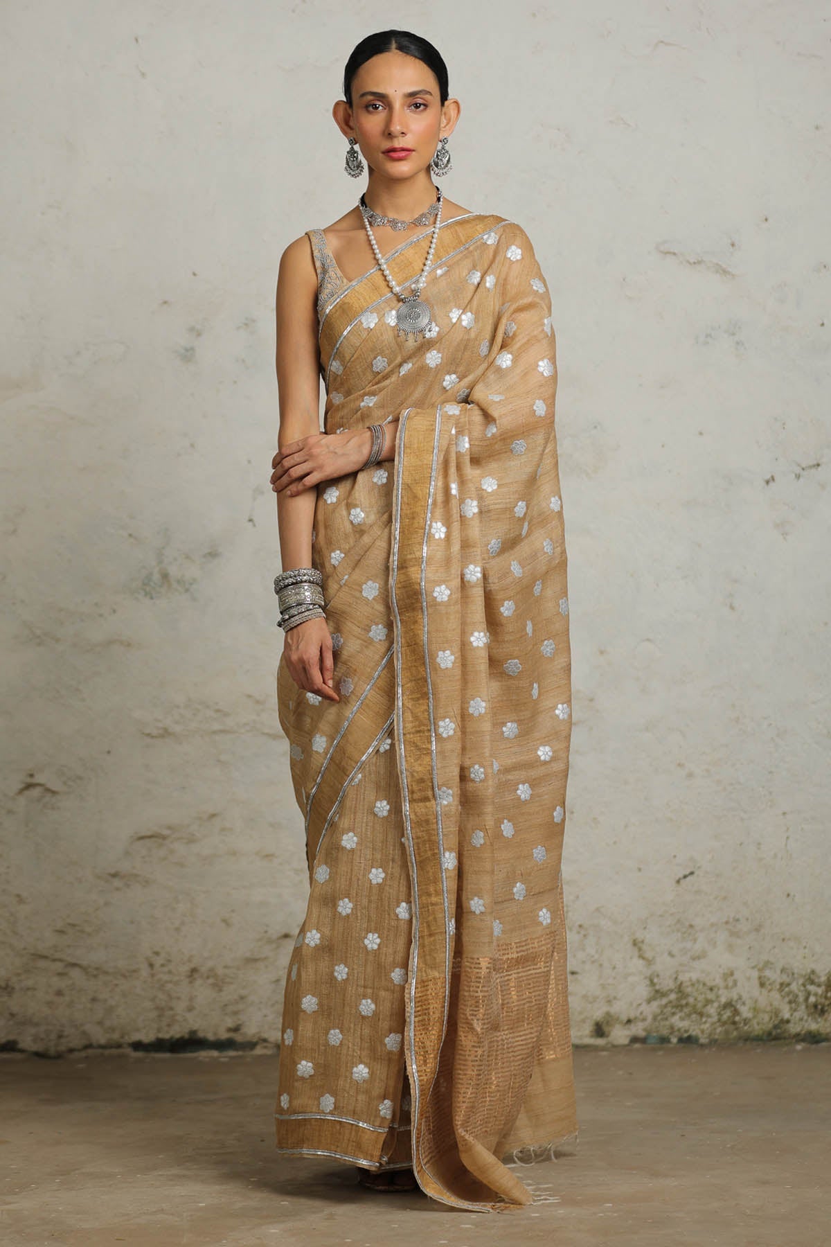 Saksham Neharicka Beige Gold Zari Saree & Blouse for women online at ScrollnShops