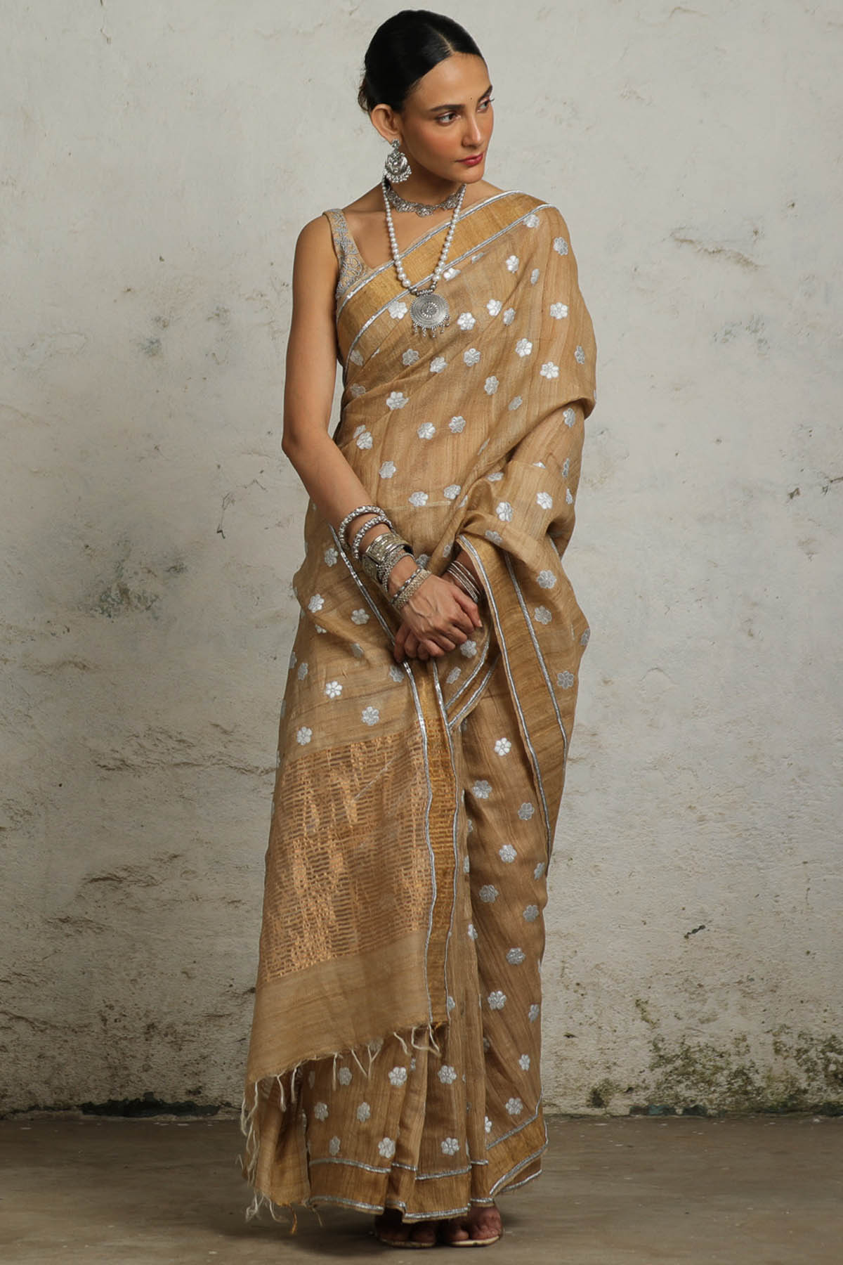 Beige Gold Zari Saree & Blouse