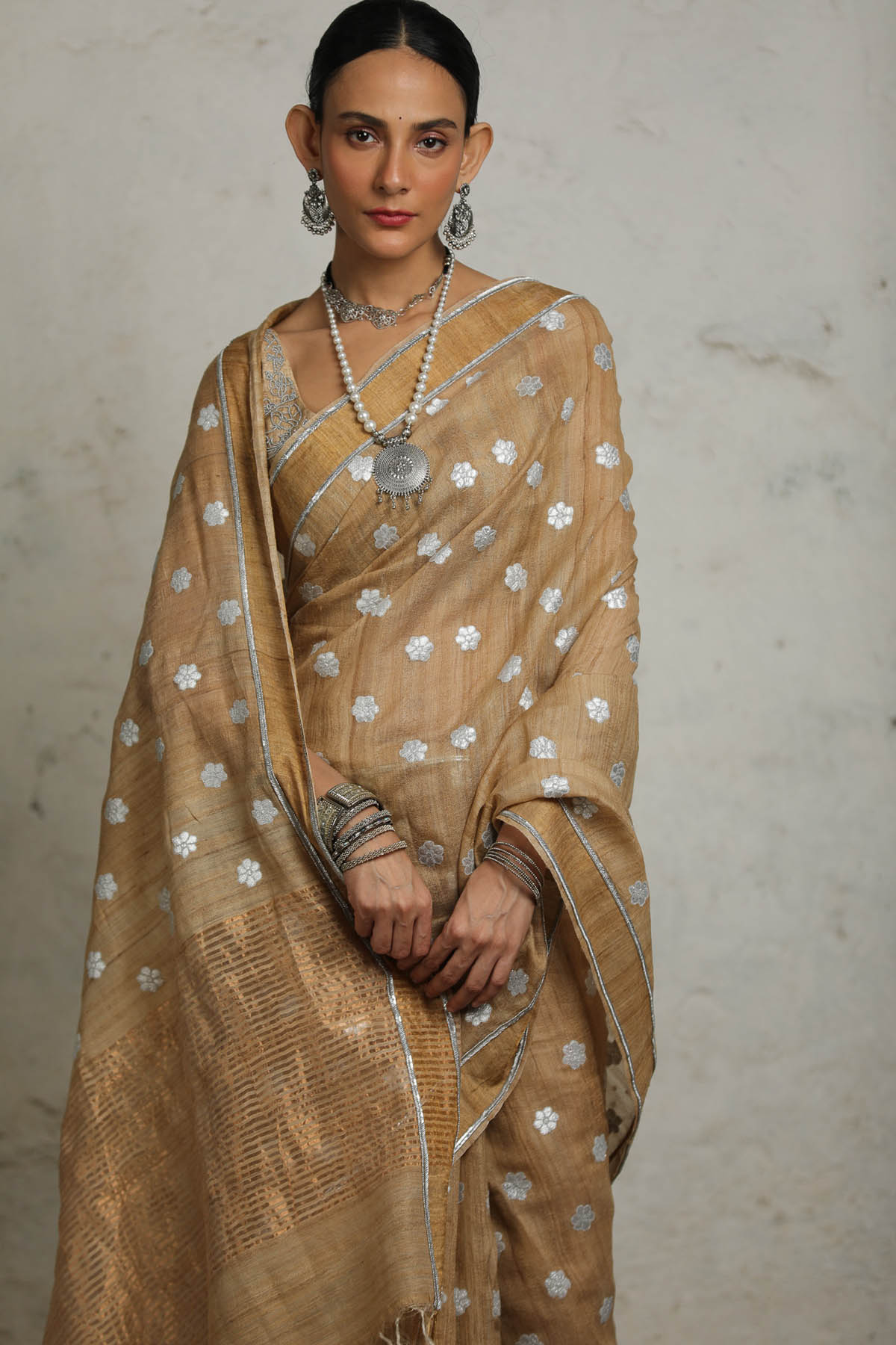 Beige Gold Zari Saree & Blouse