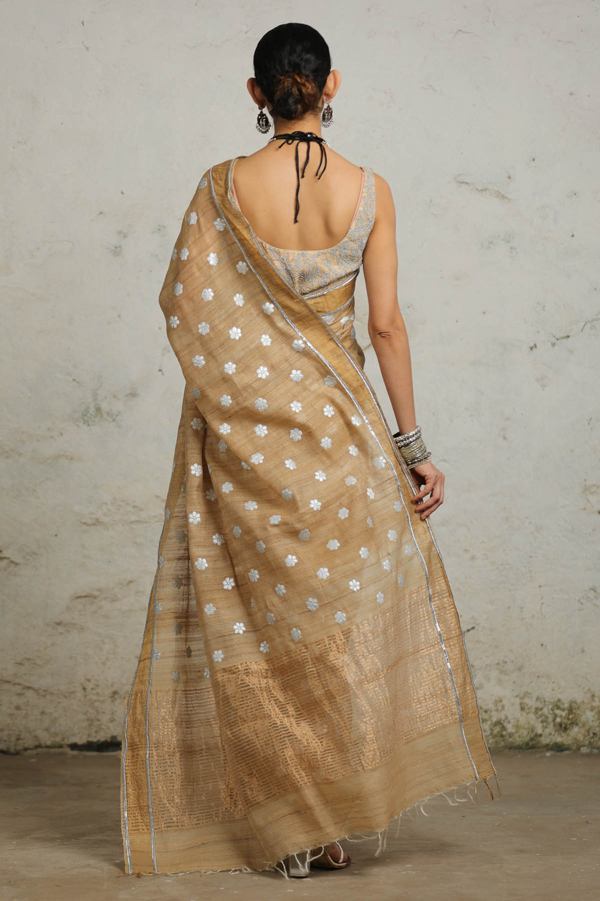 Beige Gold Zari Saree & Blouse