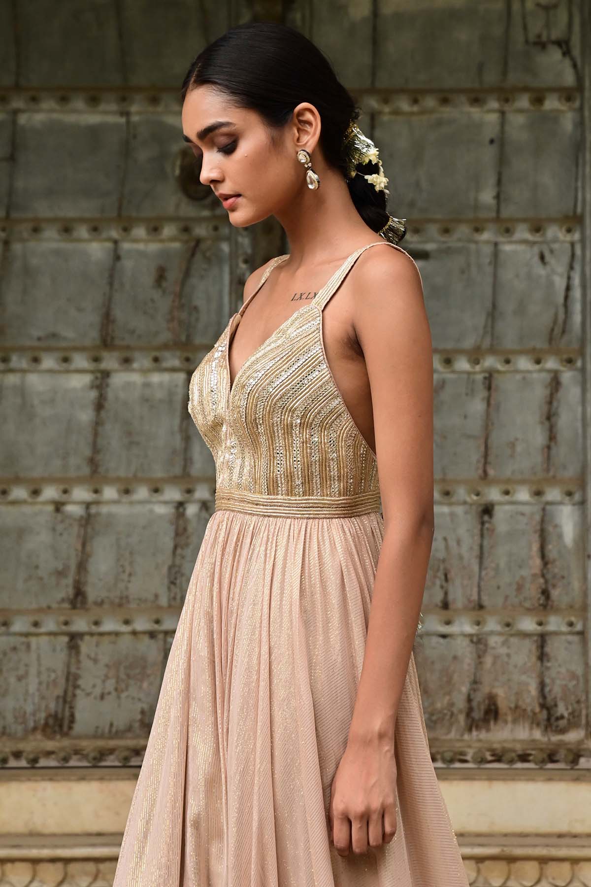 Beige Golden Lurex Lace Dress