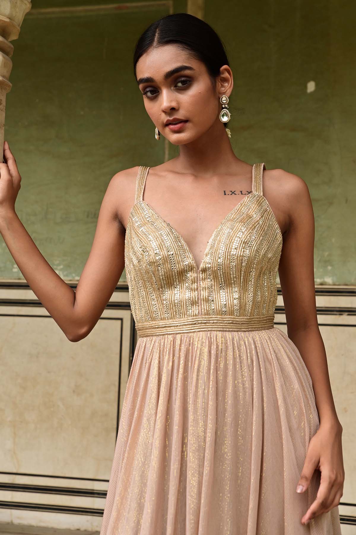 Beige Golden Lurex Lace Dress