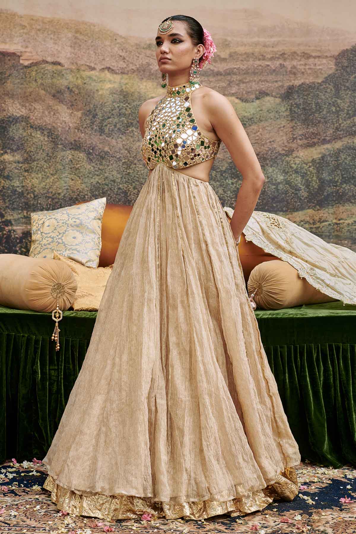 Beige Gota Attached Lehenga Set