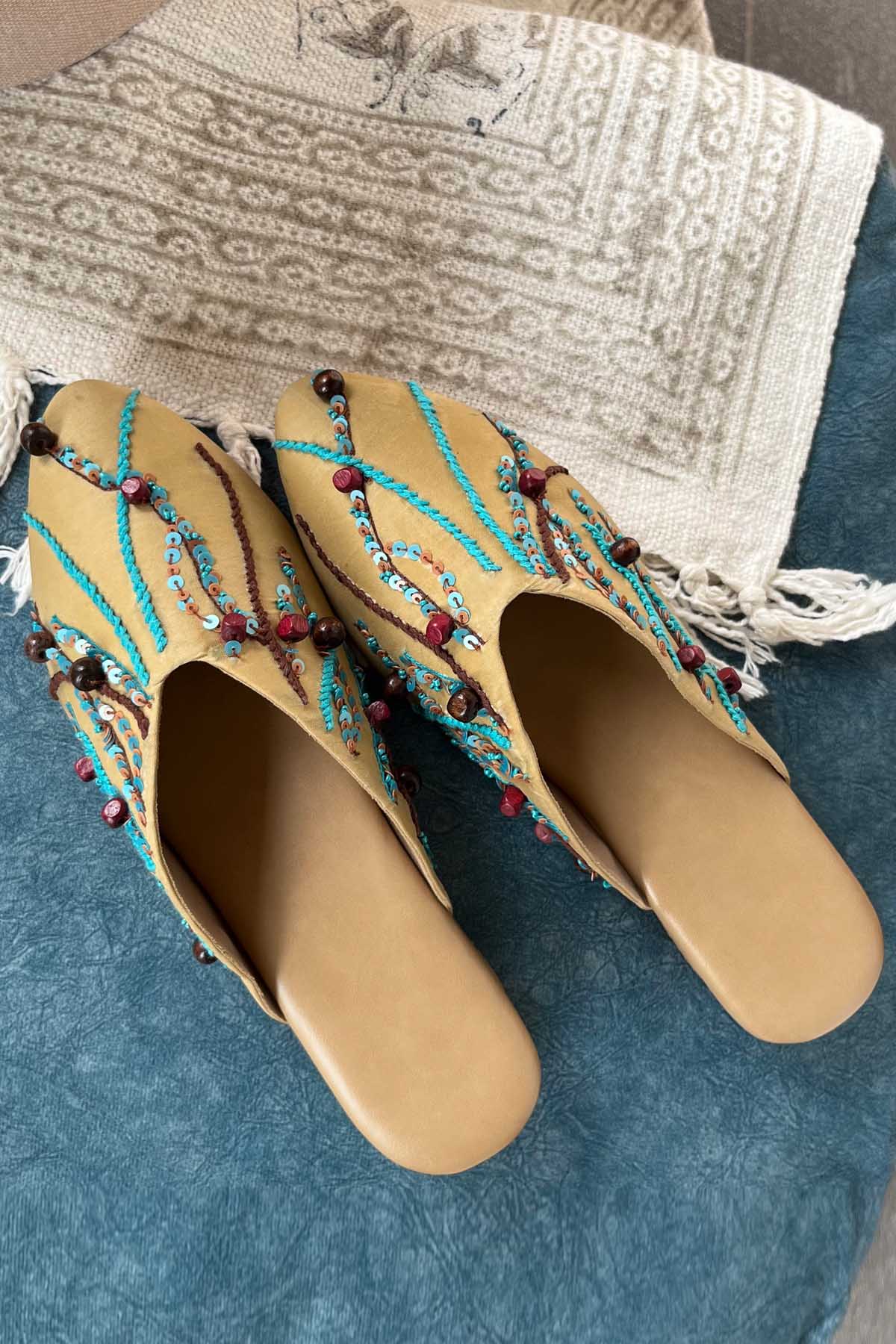 Buy Strut Beige Hand Embroidered Mules Footwear For Women