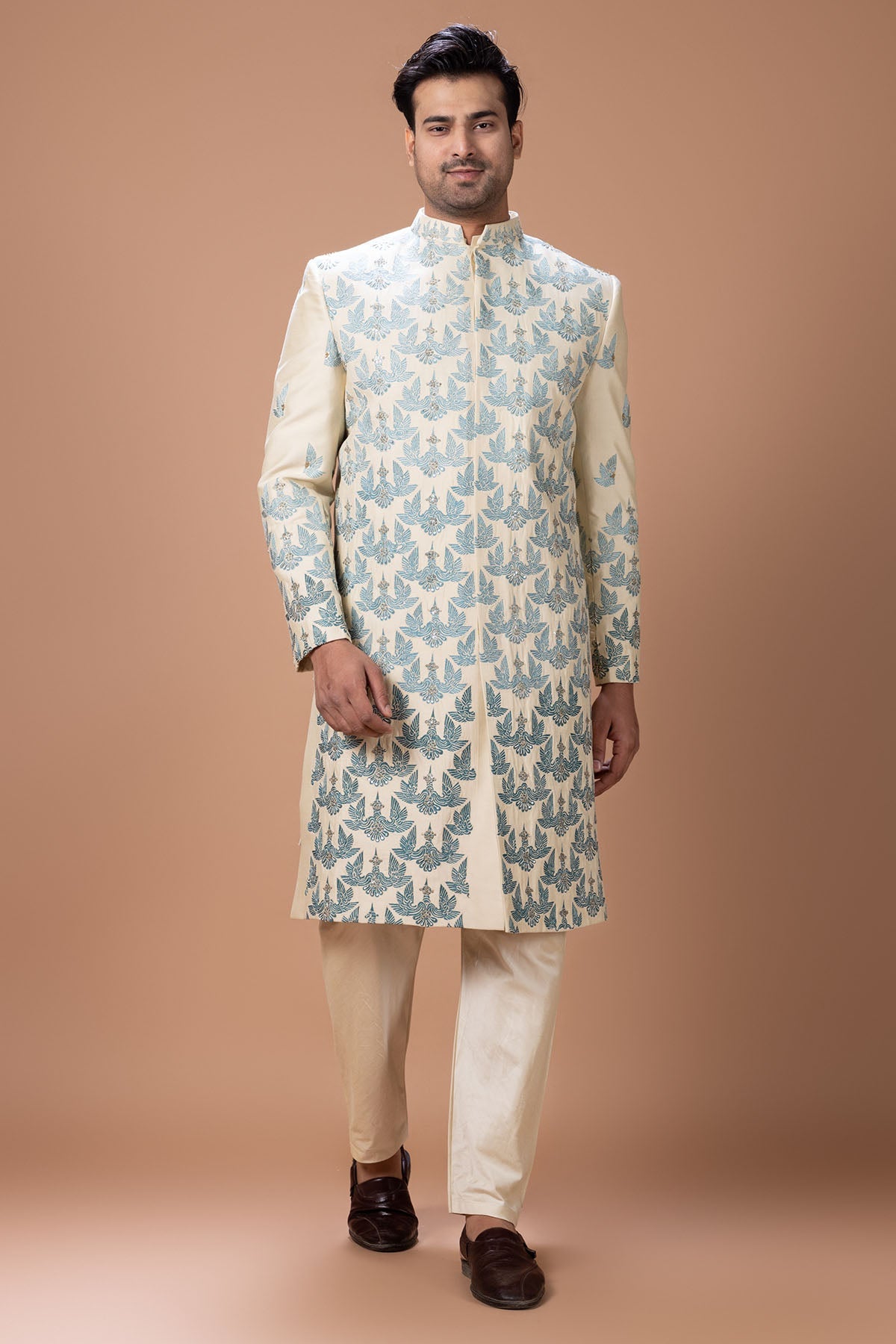 Buy Beige Heavy Thread Sherwani Set for men by Priyanka Haralalka online available at scrollnshops