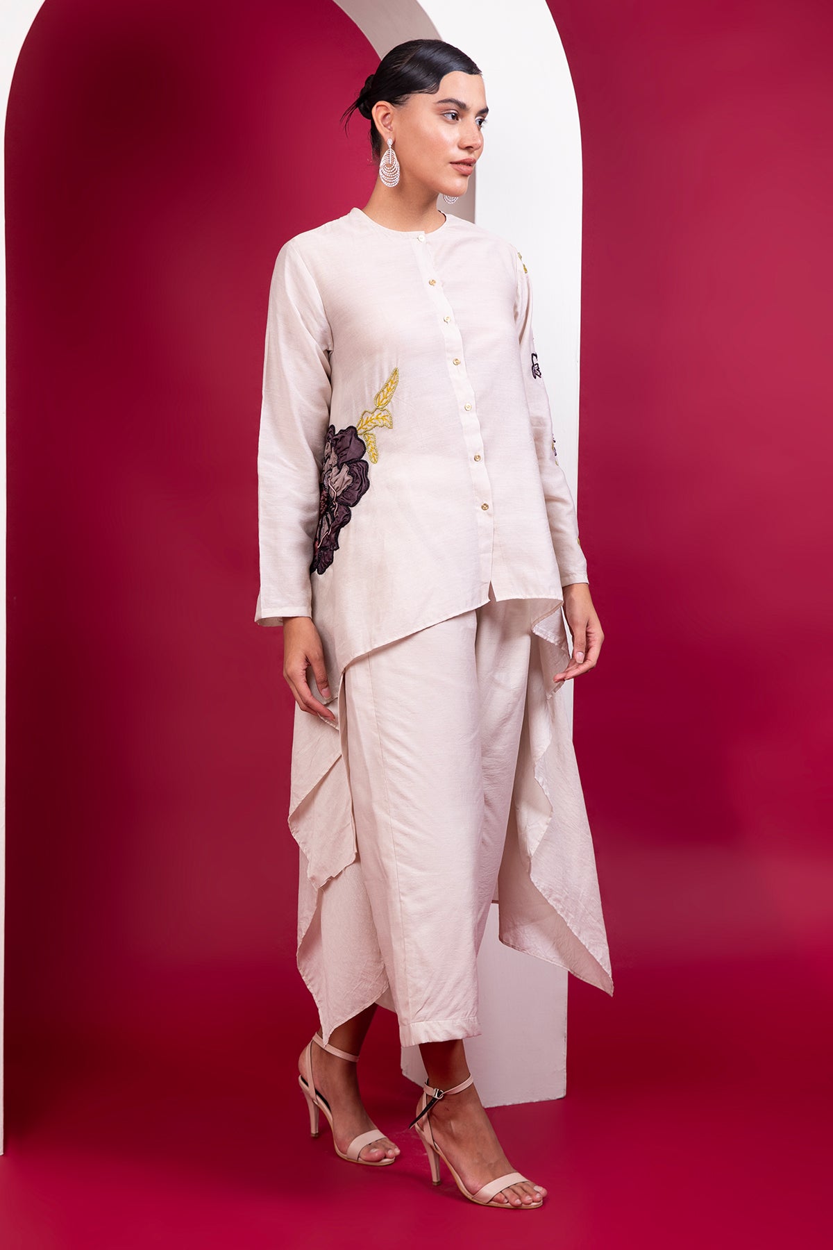 Buy Beige High-Low Shirt & Trousers by Label Kaleido for Women online at ScrollnShops