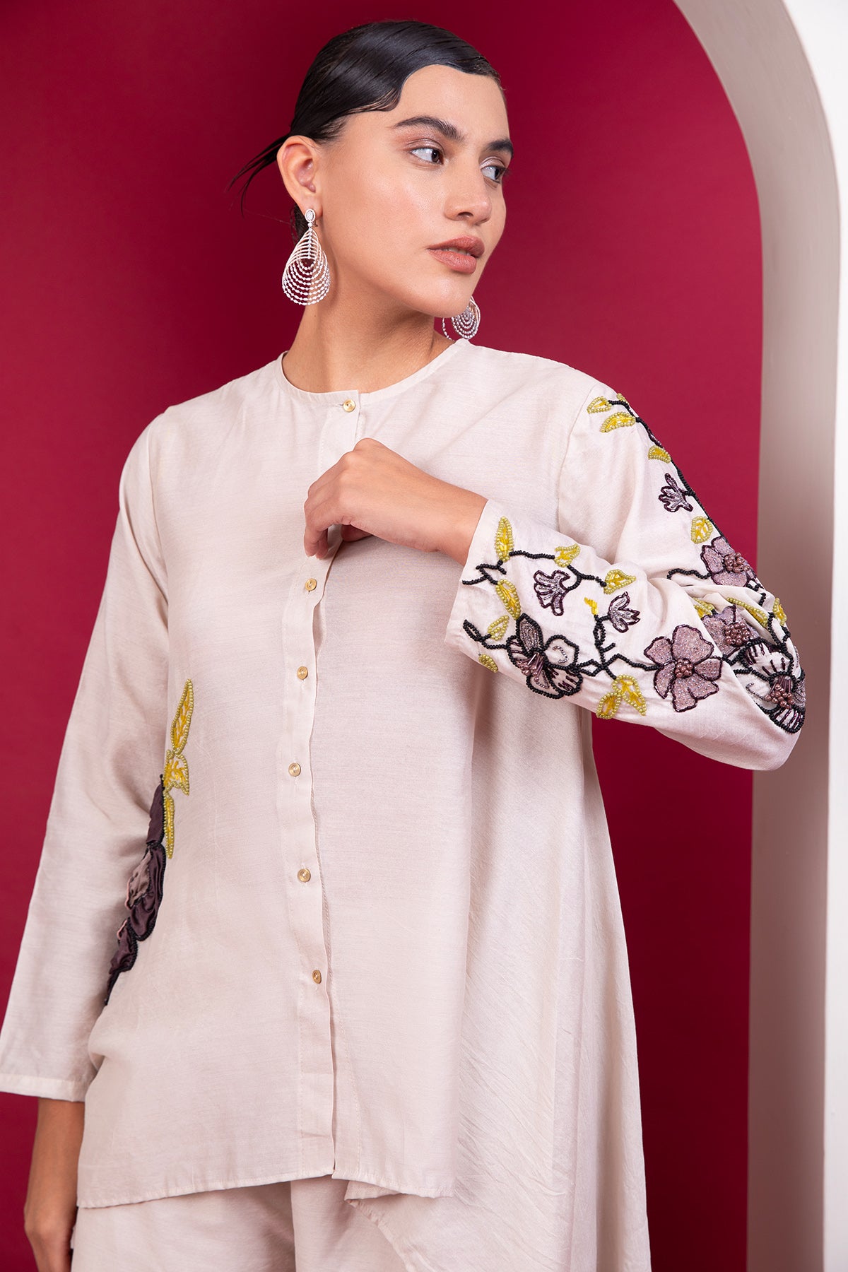 Beige High-Low Shirt & Trousers