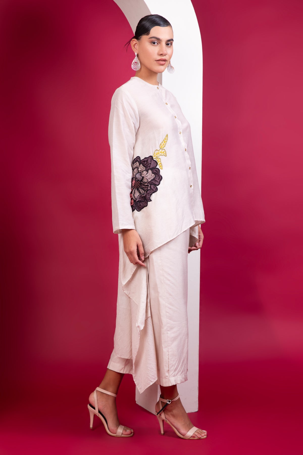 Beige High-Low Shirt & Trousers