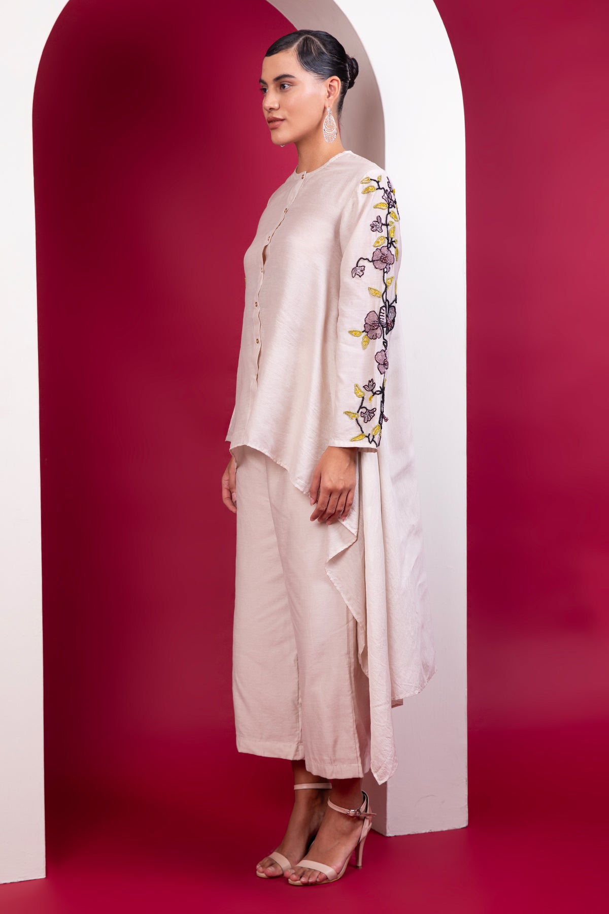 Beige High-Low Shirt & Trousers