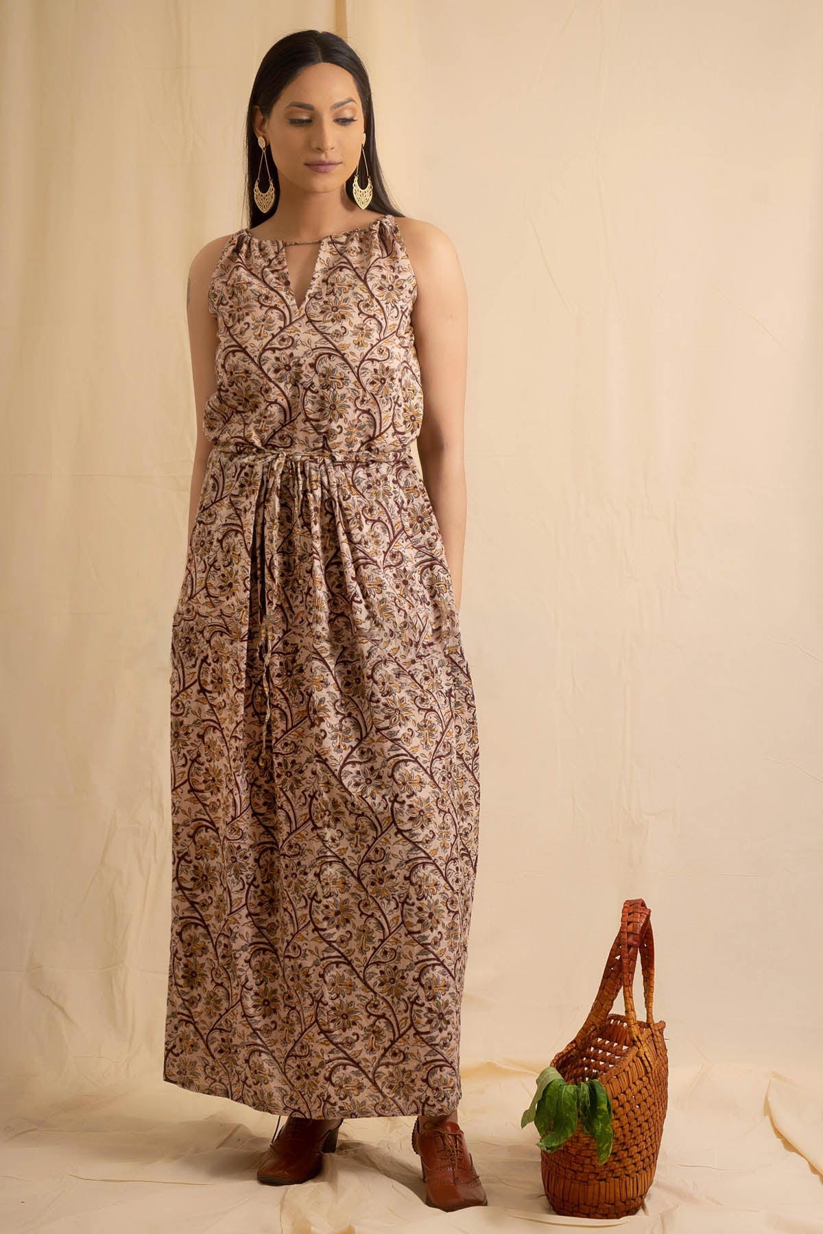 Charu Bhaskar Beige Kalamkari Flared Dress for women online at ScrollnShops