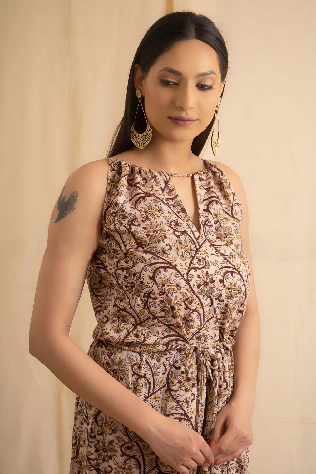 Beige Kalamkari Flared Dress