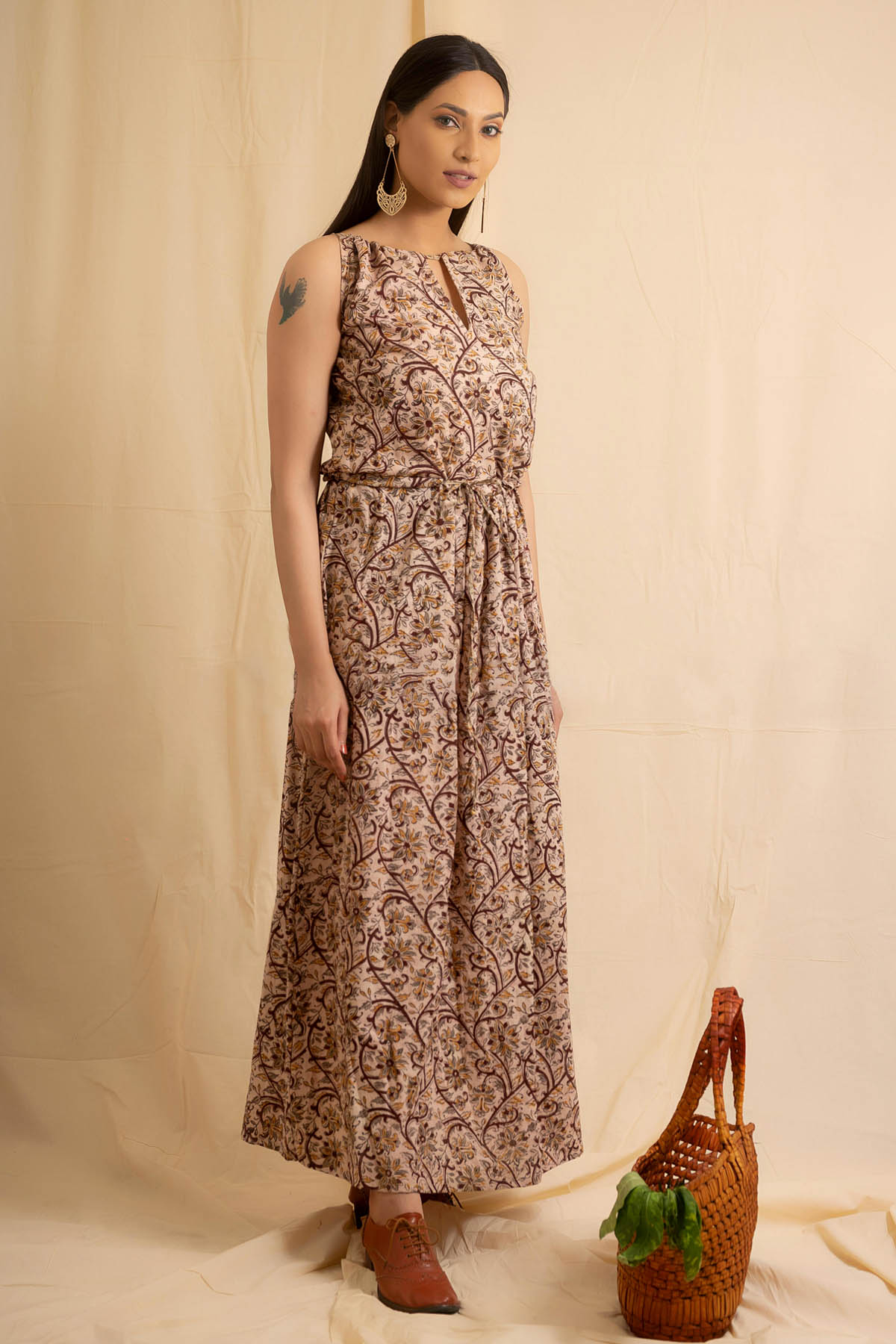 Beige Kalamkari Flared Dress