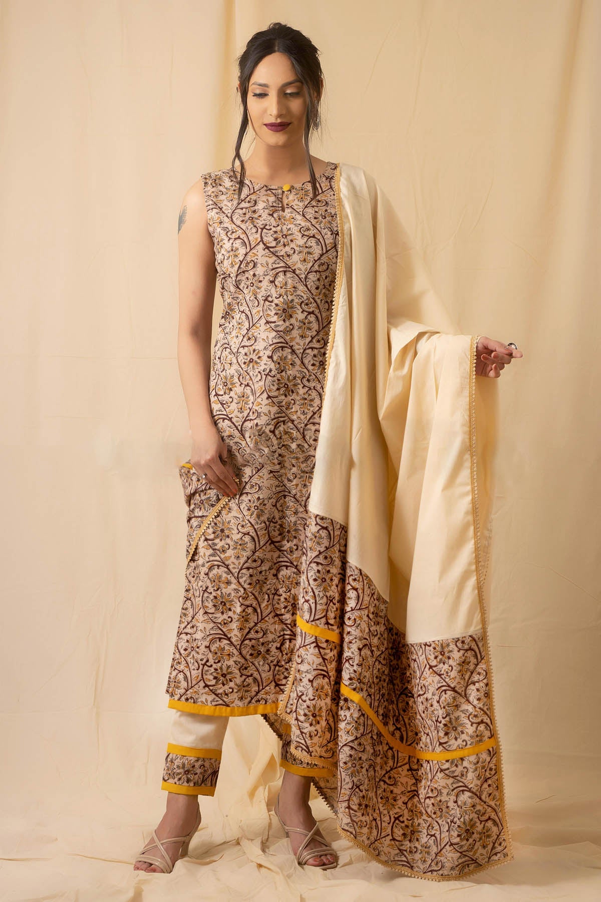 Charu Bhaskar Beige Kalamkari Print Kurta Set for women online at ScrollnShops