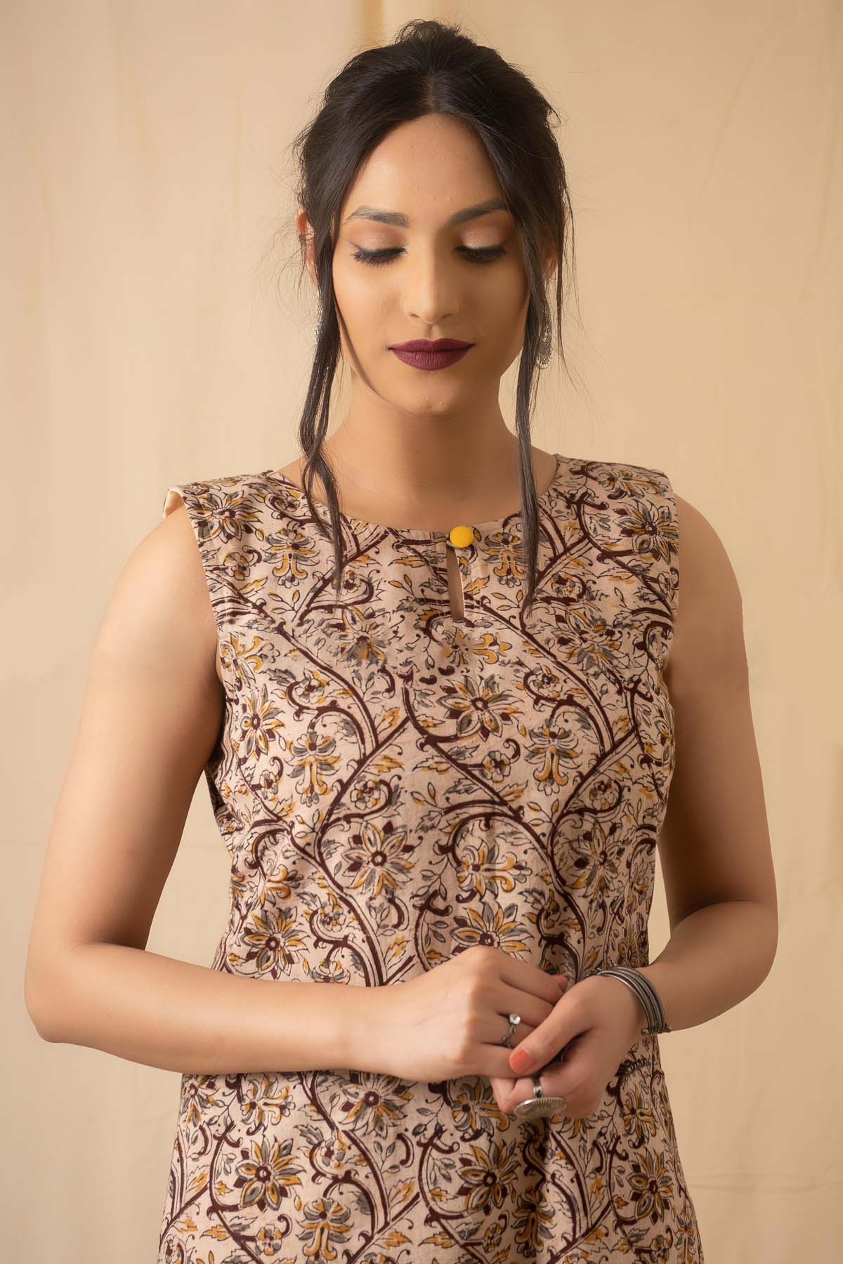 Beige Kalamkari Print Kurta Set