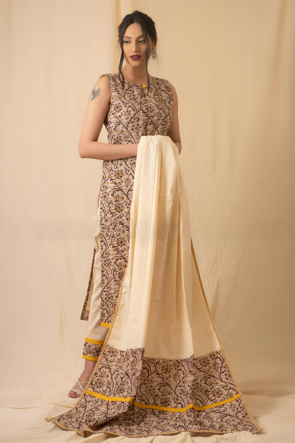 Beige Kalamkari Print Kurta Set