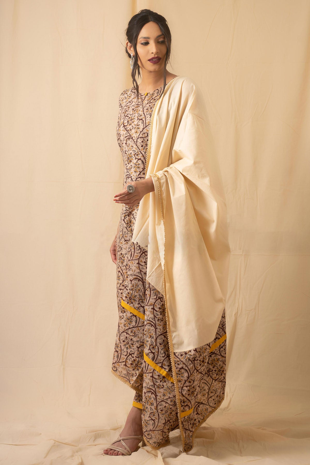 Beige Kalamkari Print Kurta Set