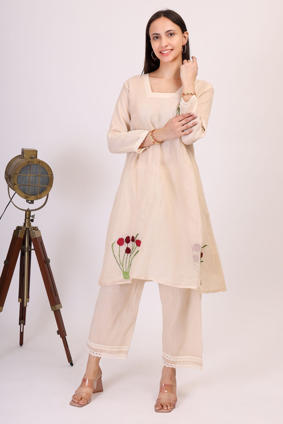 Simply Kitsch Beige Kota Doria Kurta & Pants for women online at ScrollnShops