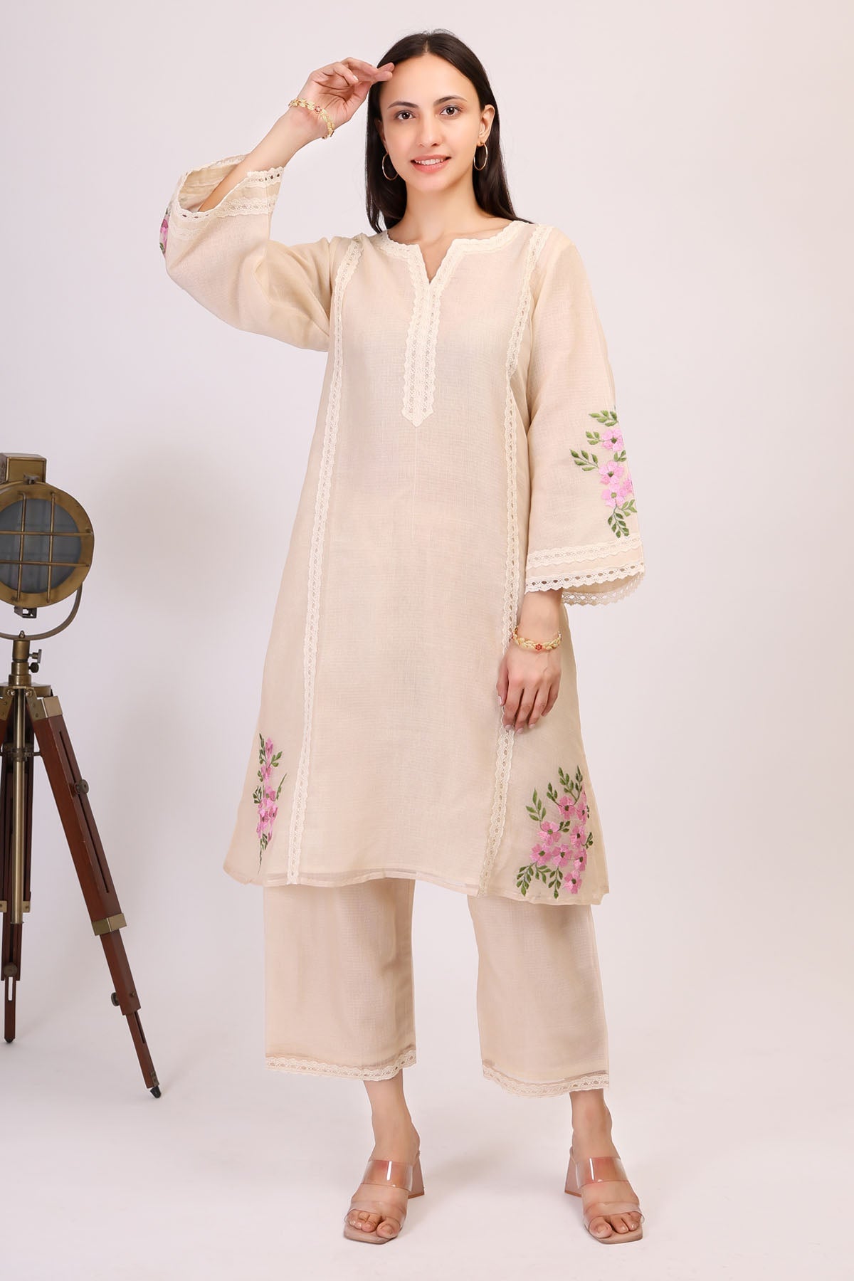 Simply Kitsch Beige Kota Doria Kurta Set for women online at ScrollnShops