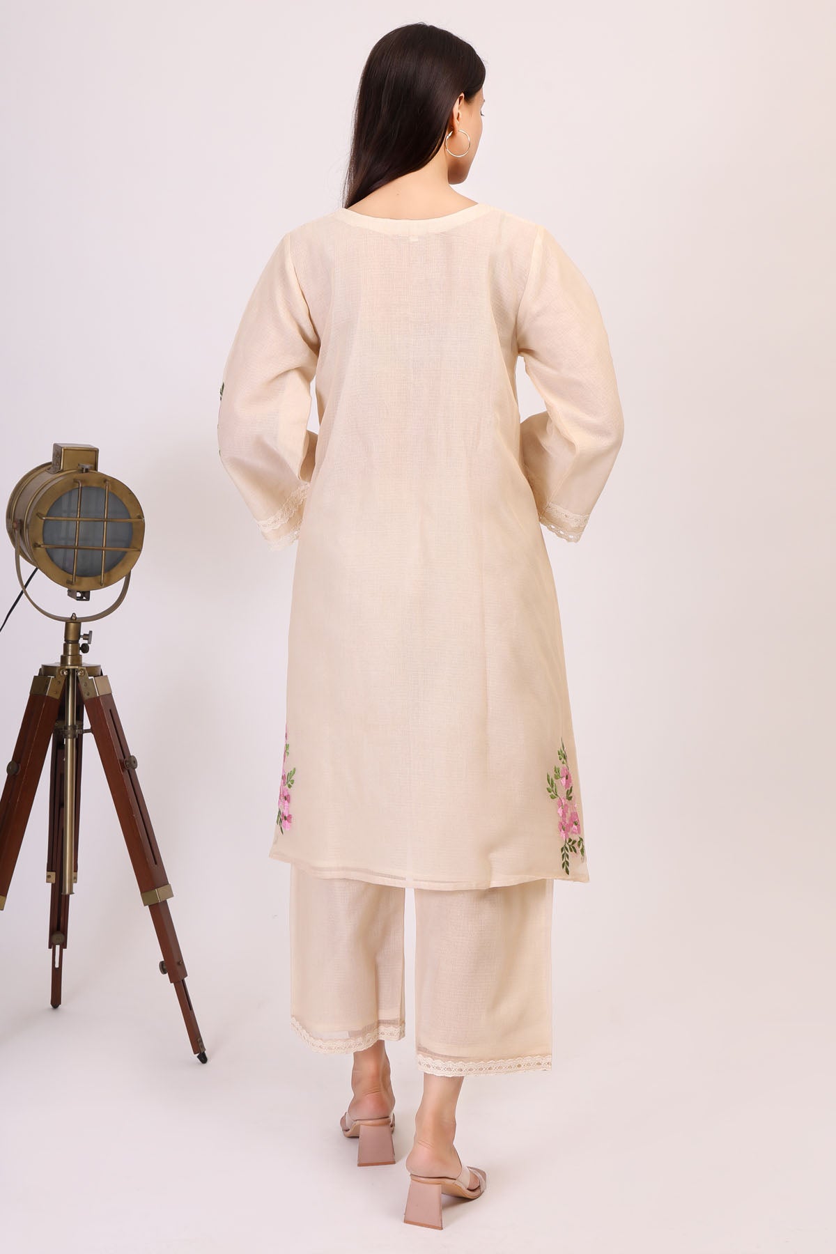 Beige Kota Doria Work Kurta Set