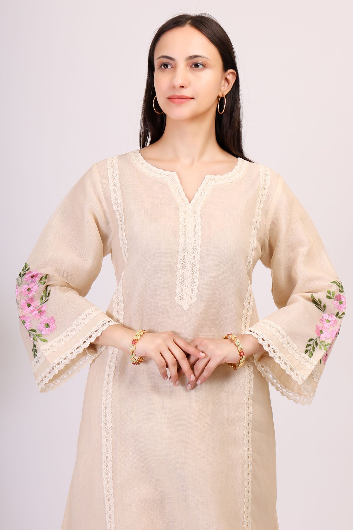 Beige Kota Doria Work Kurta Set