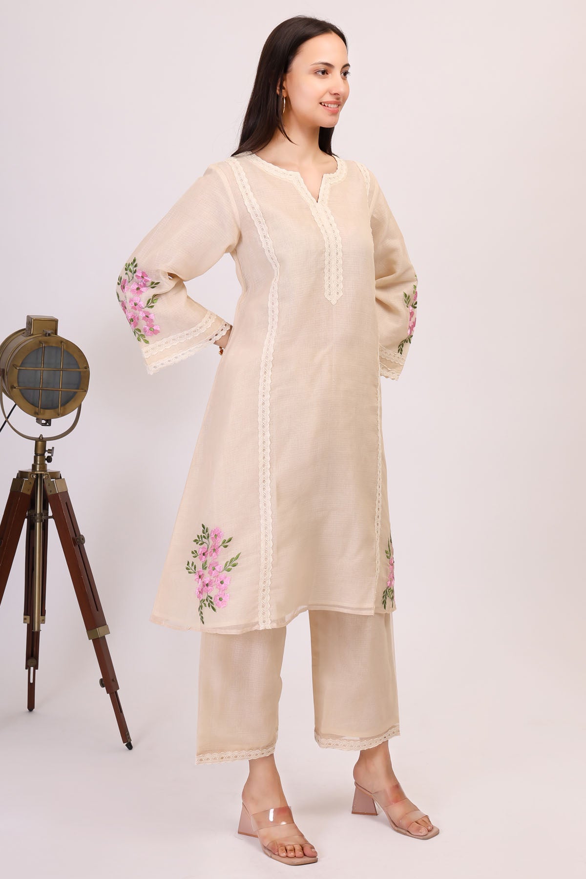Beige Kota Doria Work Kurta Set