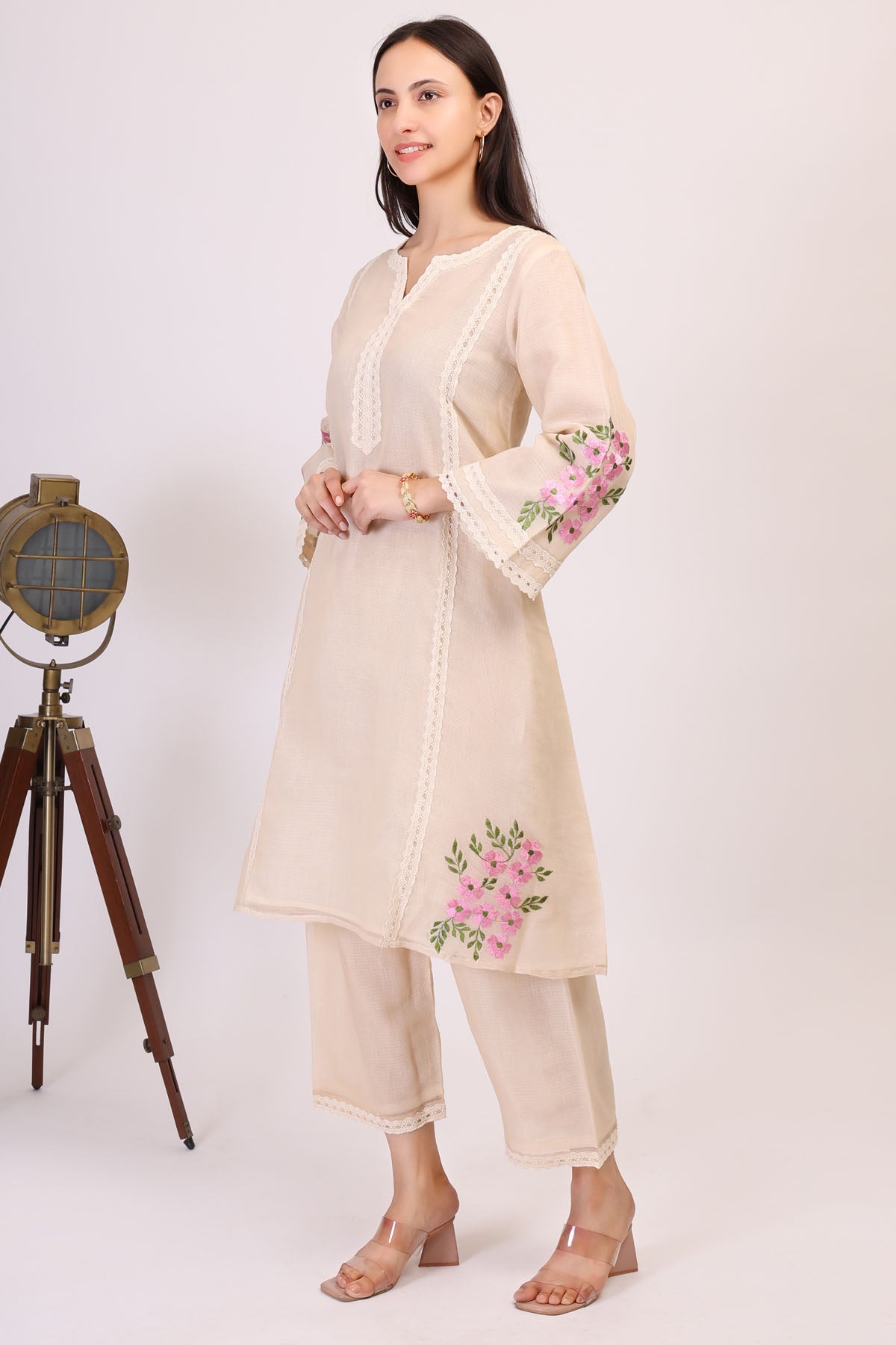 Beige Kota Doria Work Kurta Set