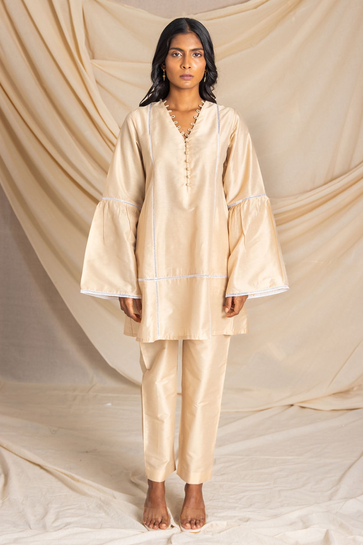 Buy Label J Beige Lace Detail Kurta & Pants at ScrollnShops