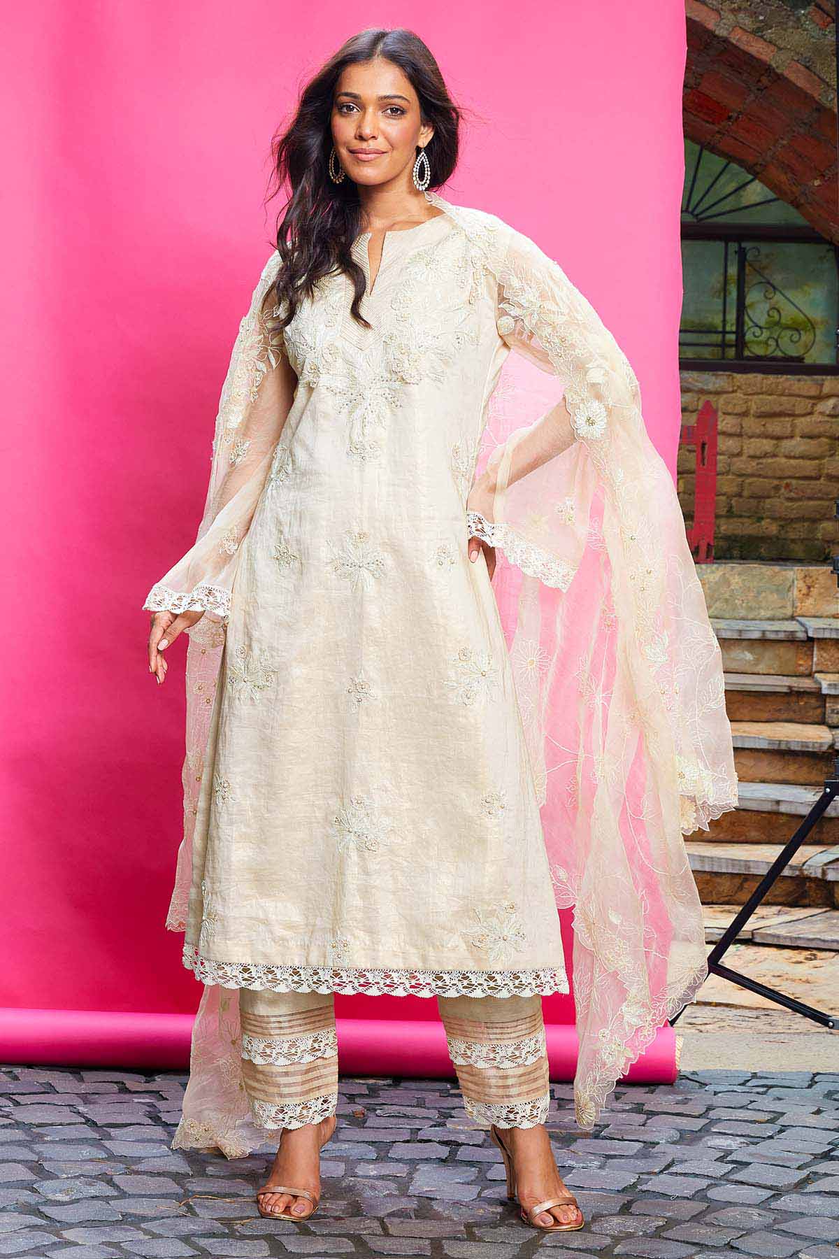 Priyanka Jain Lace Embellished Beige Kurta Set for women online at ScrollnShops
