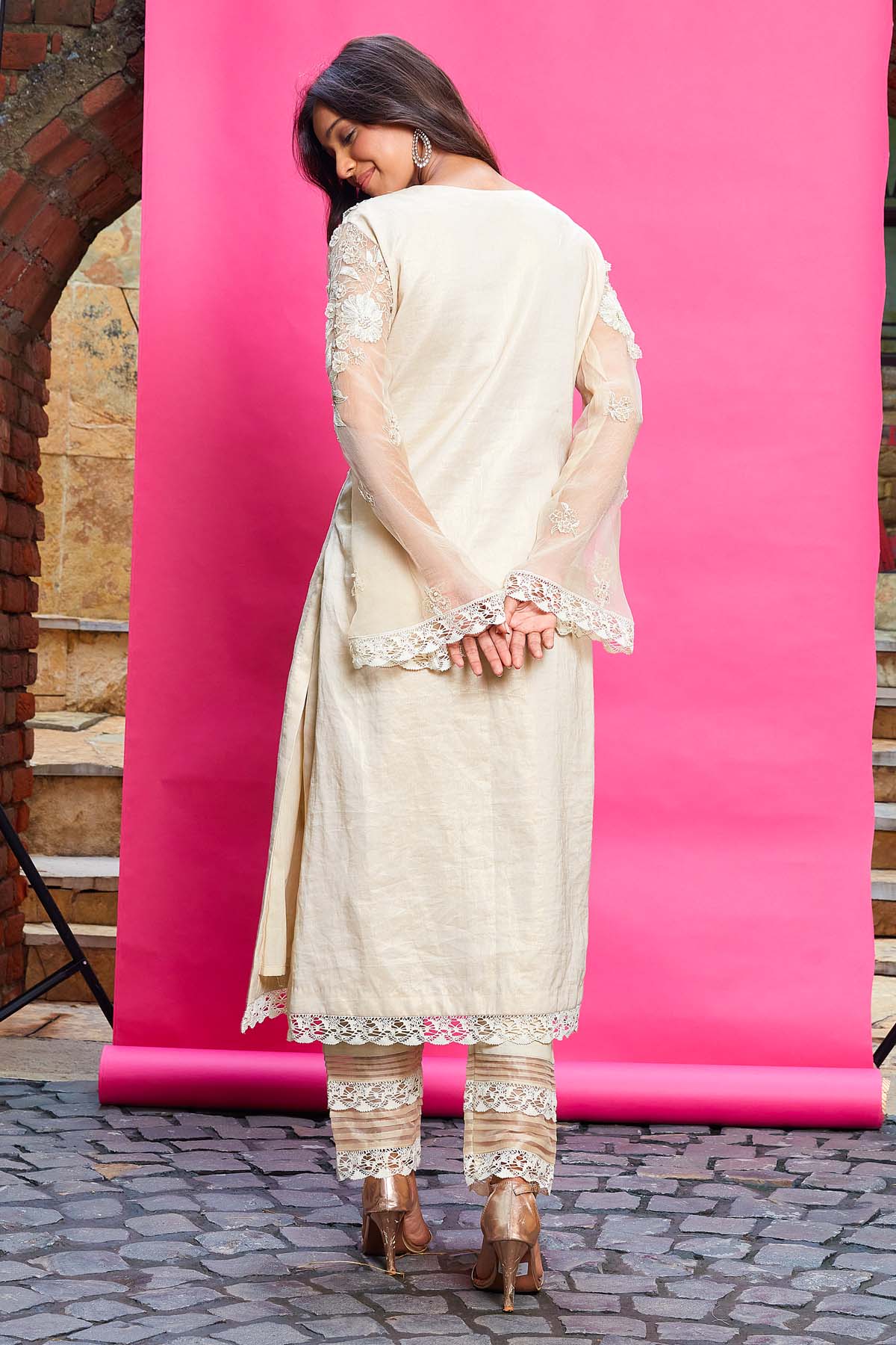 Lace Embellished Beige Kurta Set