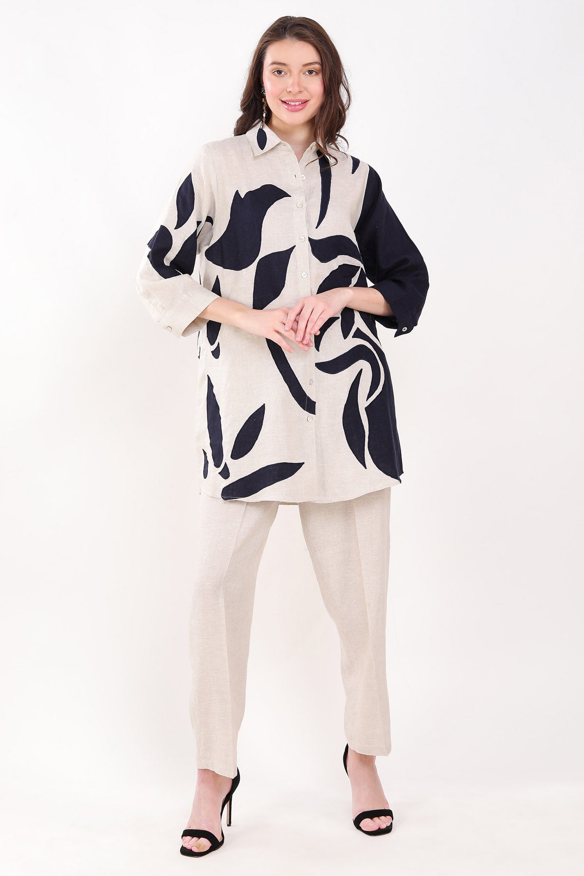 Beige Leaf Applique Long Shirt