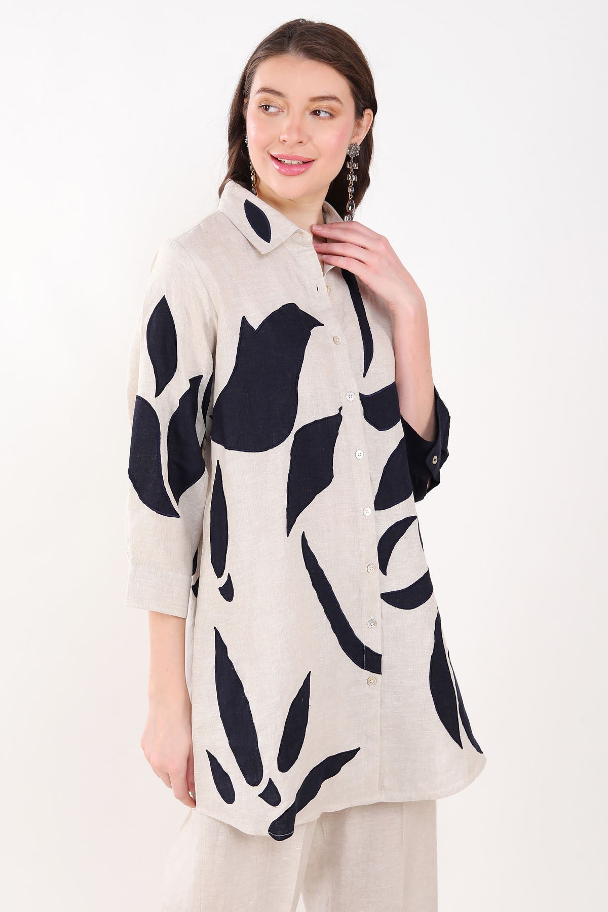 Beige Leaf Applique Long Shirt