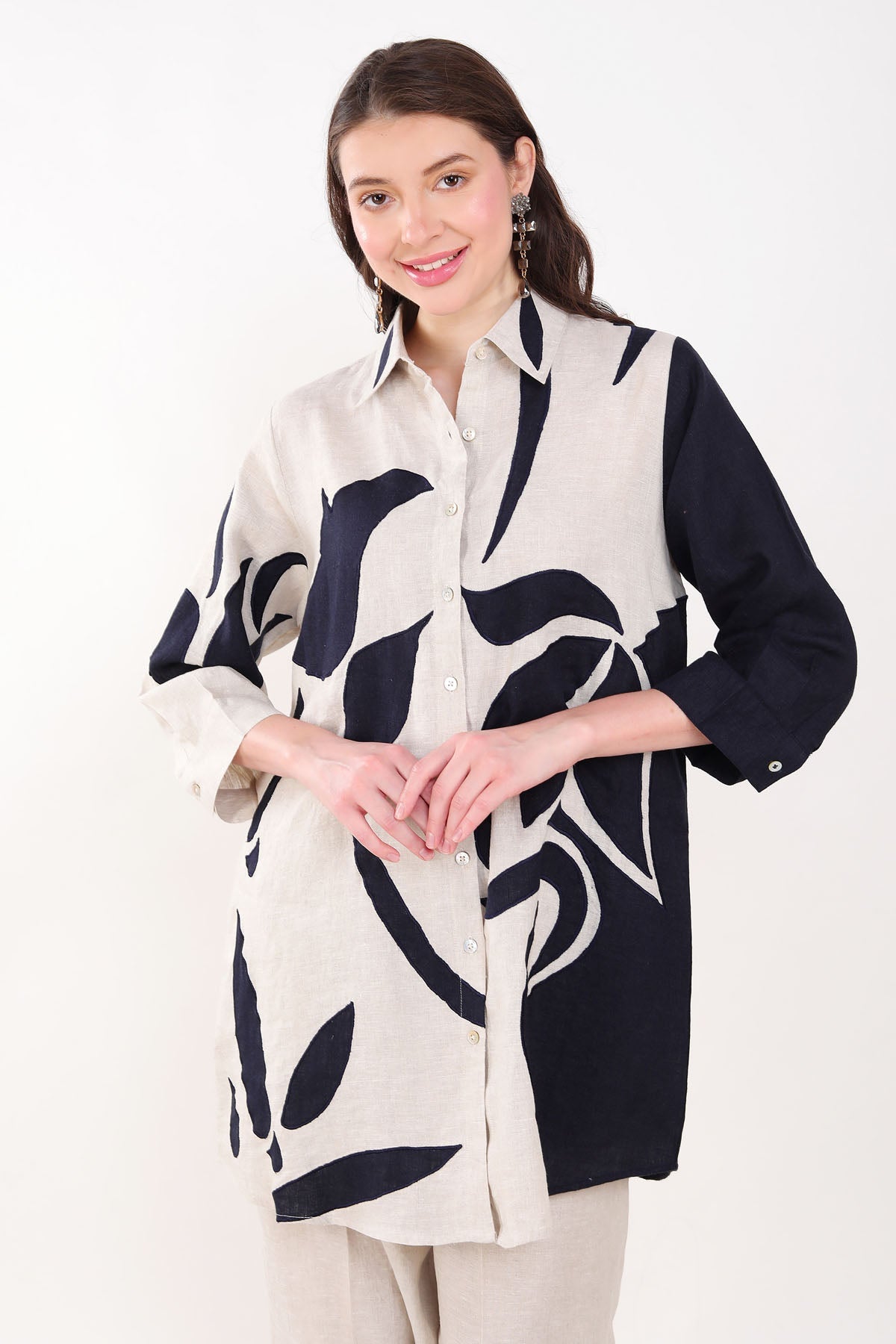 Buy Designer Beige Leaf Applique Long Shirt Online