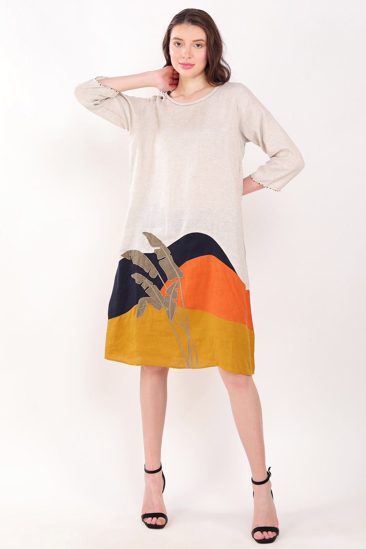 Beige Leaf Embroidered Dress