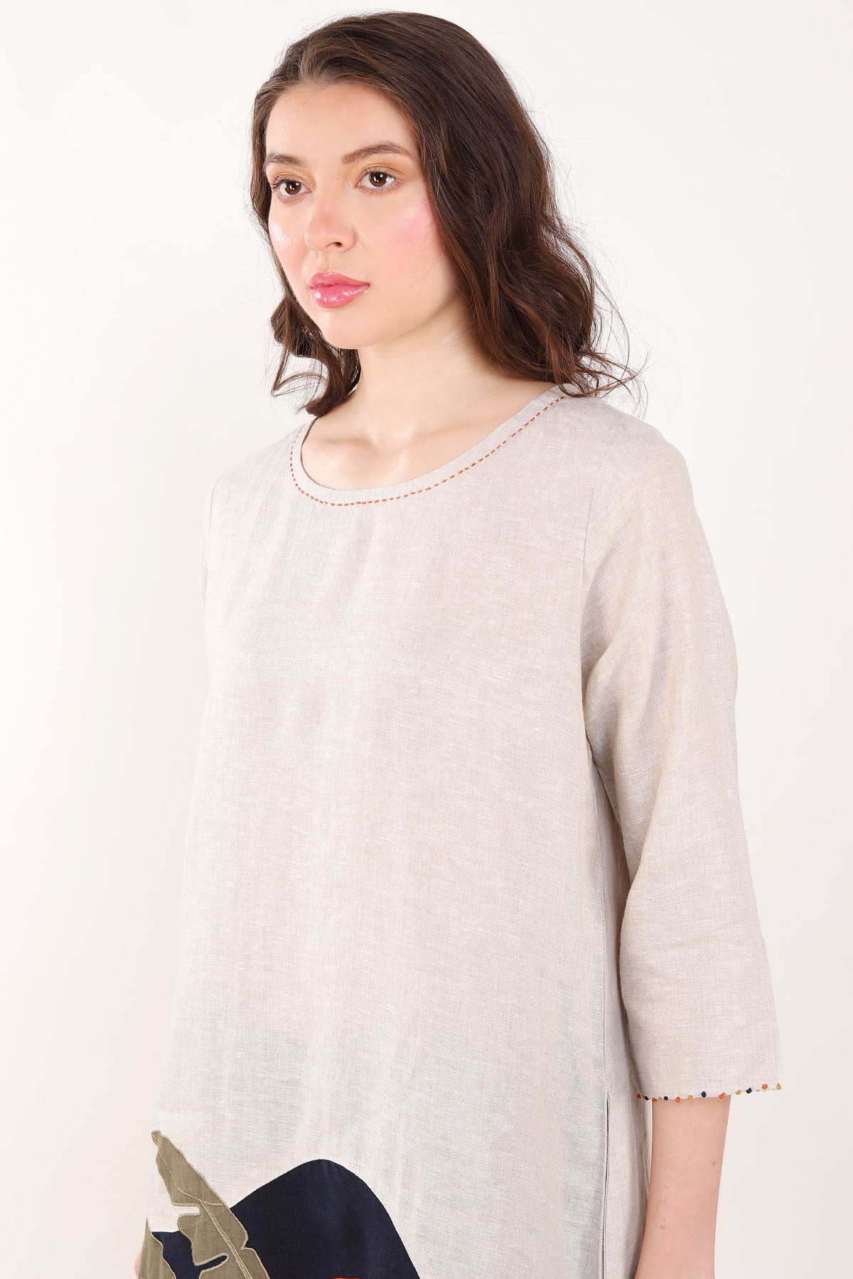 Beige Leaf Embroidered Dress