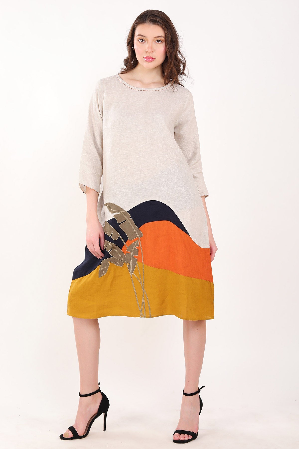 Buy Designer Beige Leaf Embroidered Dress Online