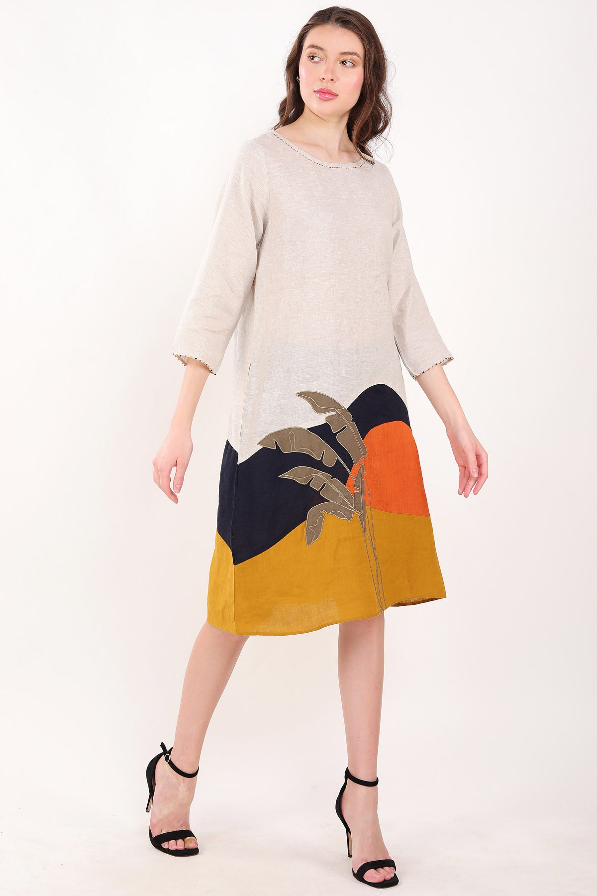 Beige Leaf Embroidered Dress