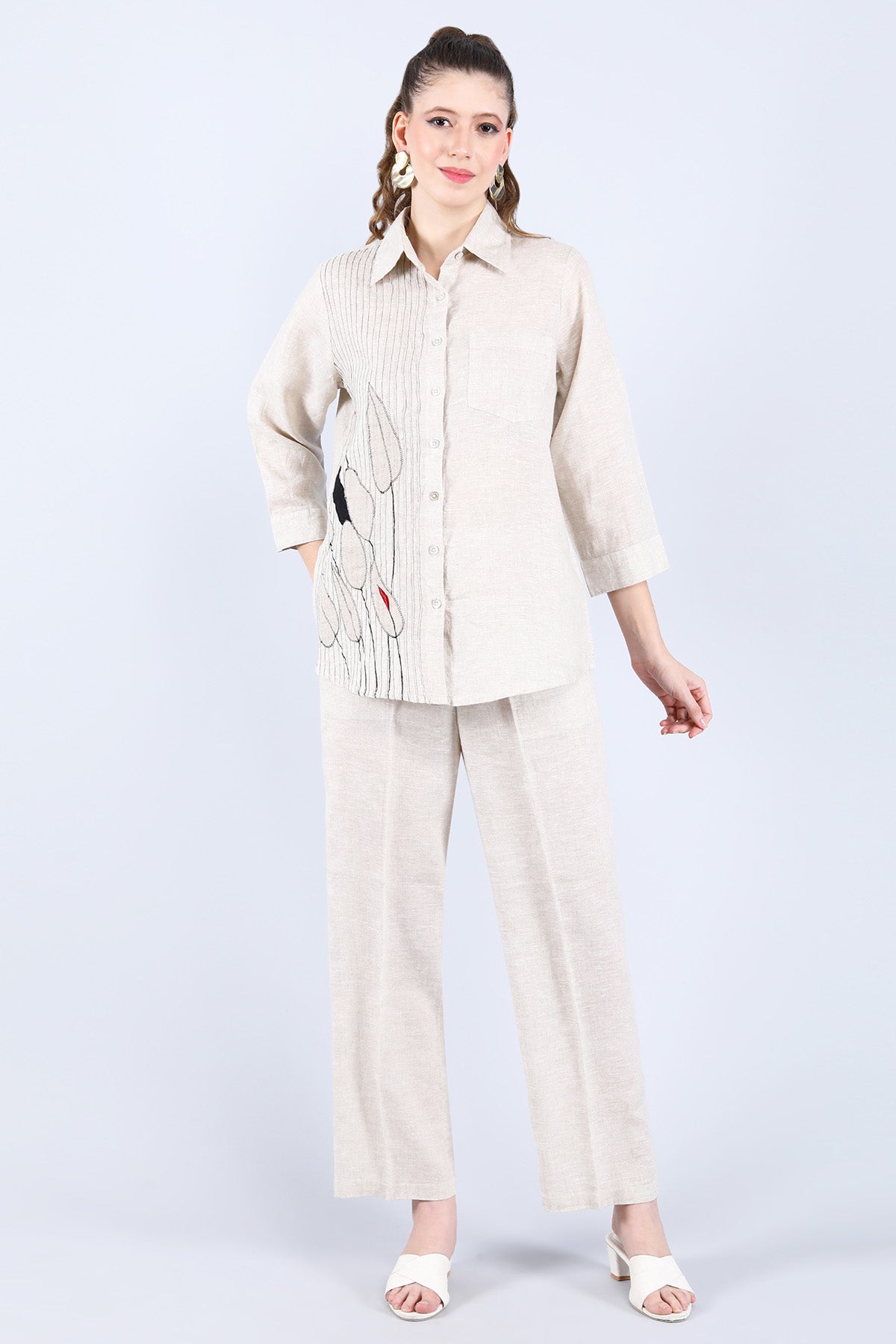 Beige Leaf Embroidered Shirt