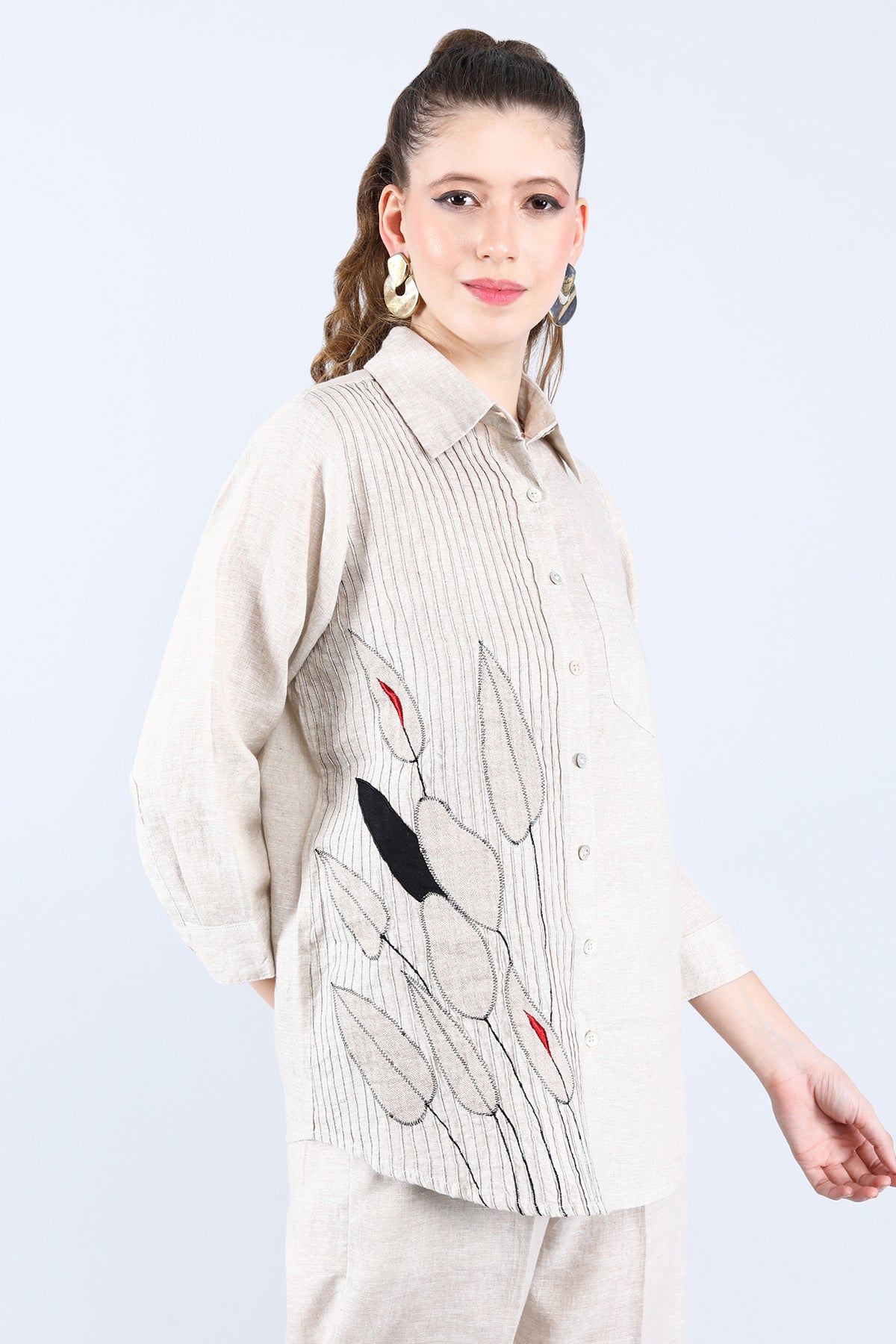 Beige Leaf Embroidered Shirt