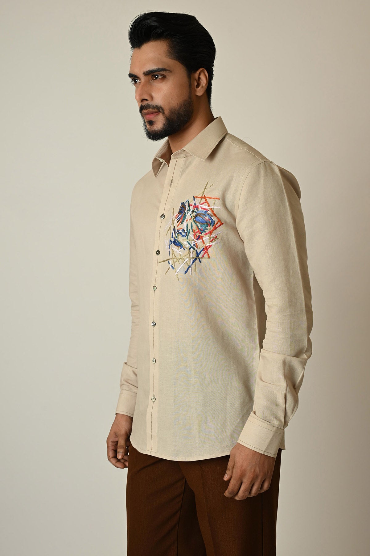 Buy Beige Linen Anchor Thread Shirt for men by Paarsh Atelier online available at scrollnshops