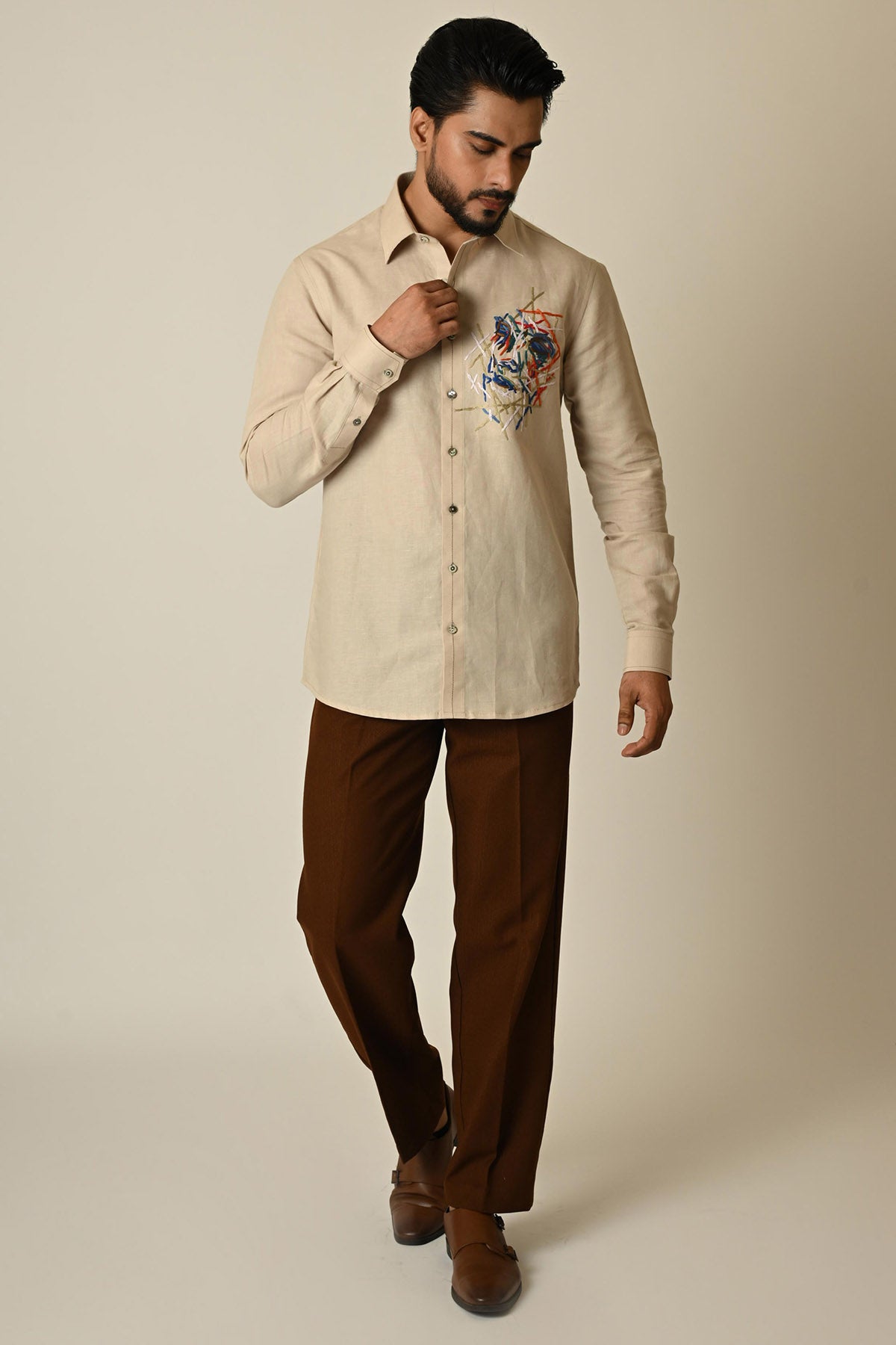 Beige Linen Anchor Thread Shirt