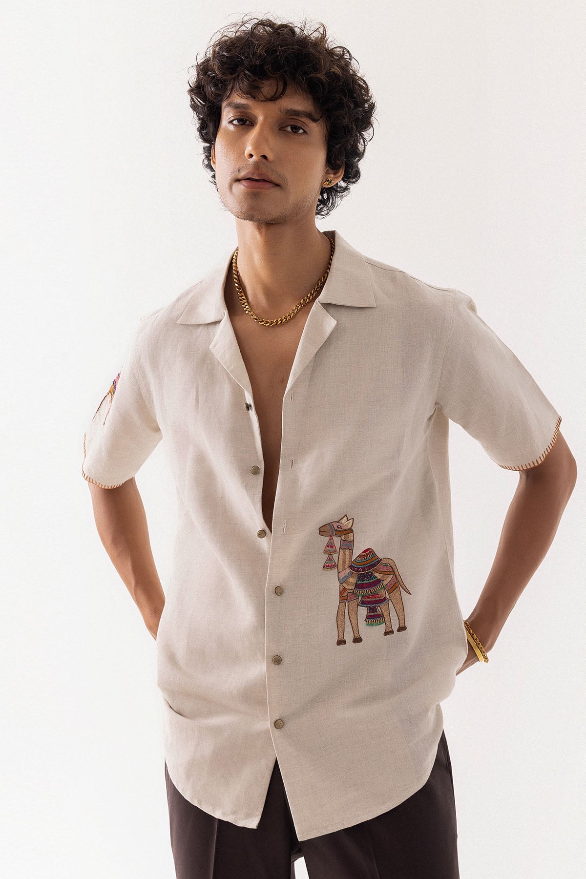 Buy Beige Linen Camel Design Shirt for men by Paarsh Atelier online available at scrollnshops