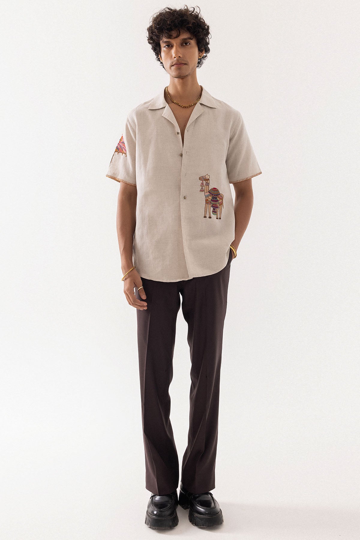 Beige Linen Camel Design Shirt