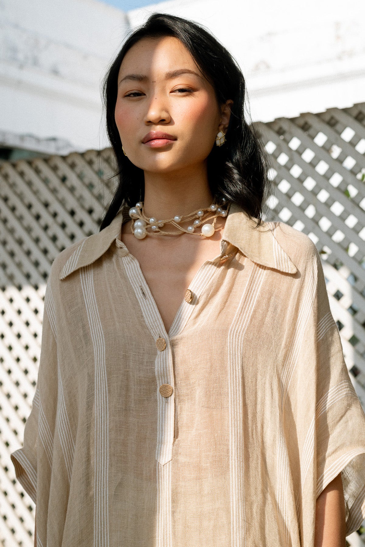 Beige Linen Collar Kaftan Set