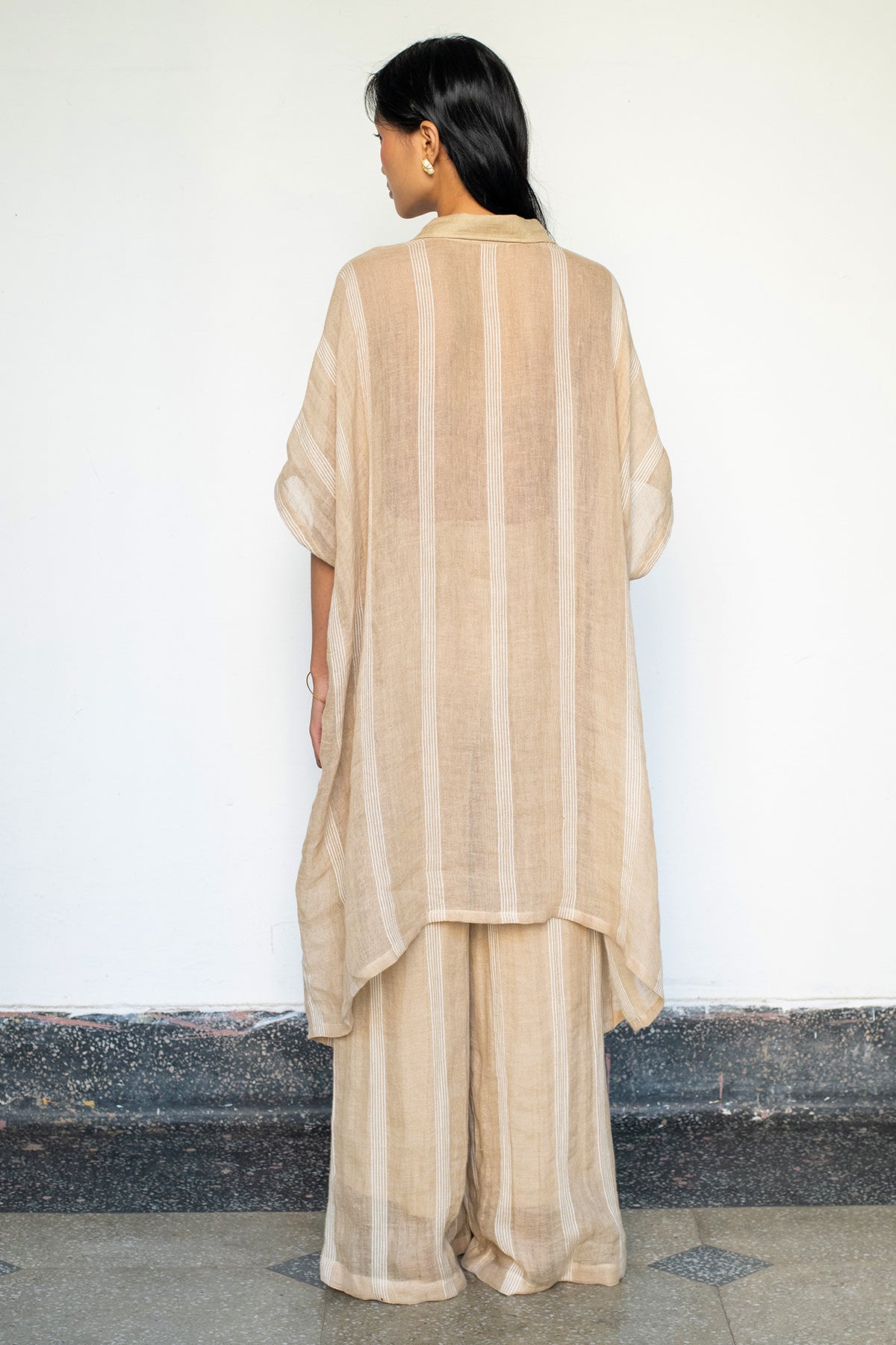 Beige Linen Collar Kaftan Set