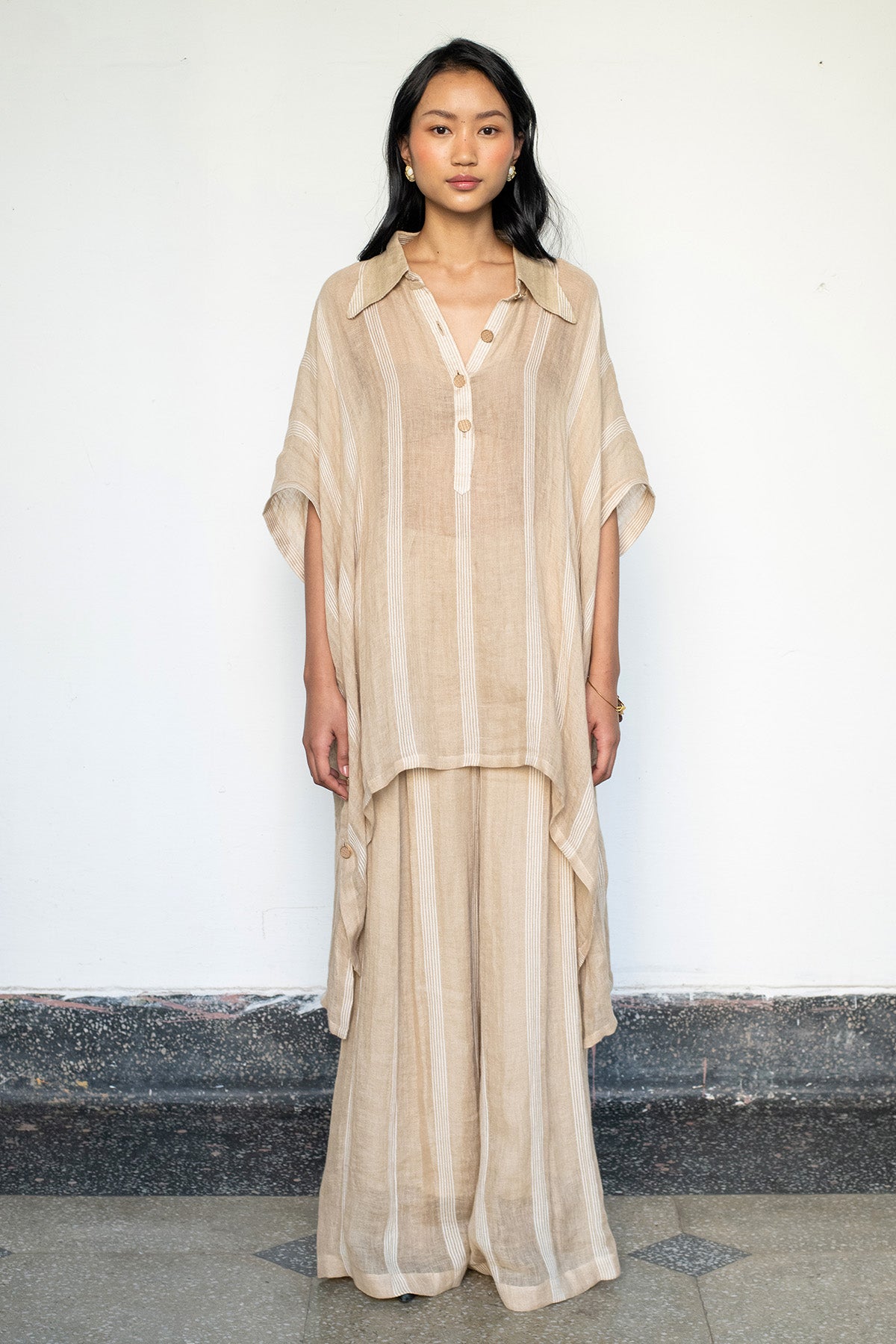 Beige Linen Collar Kaftan Set